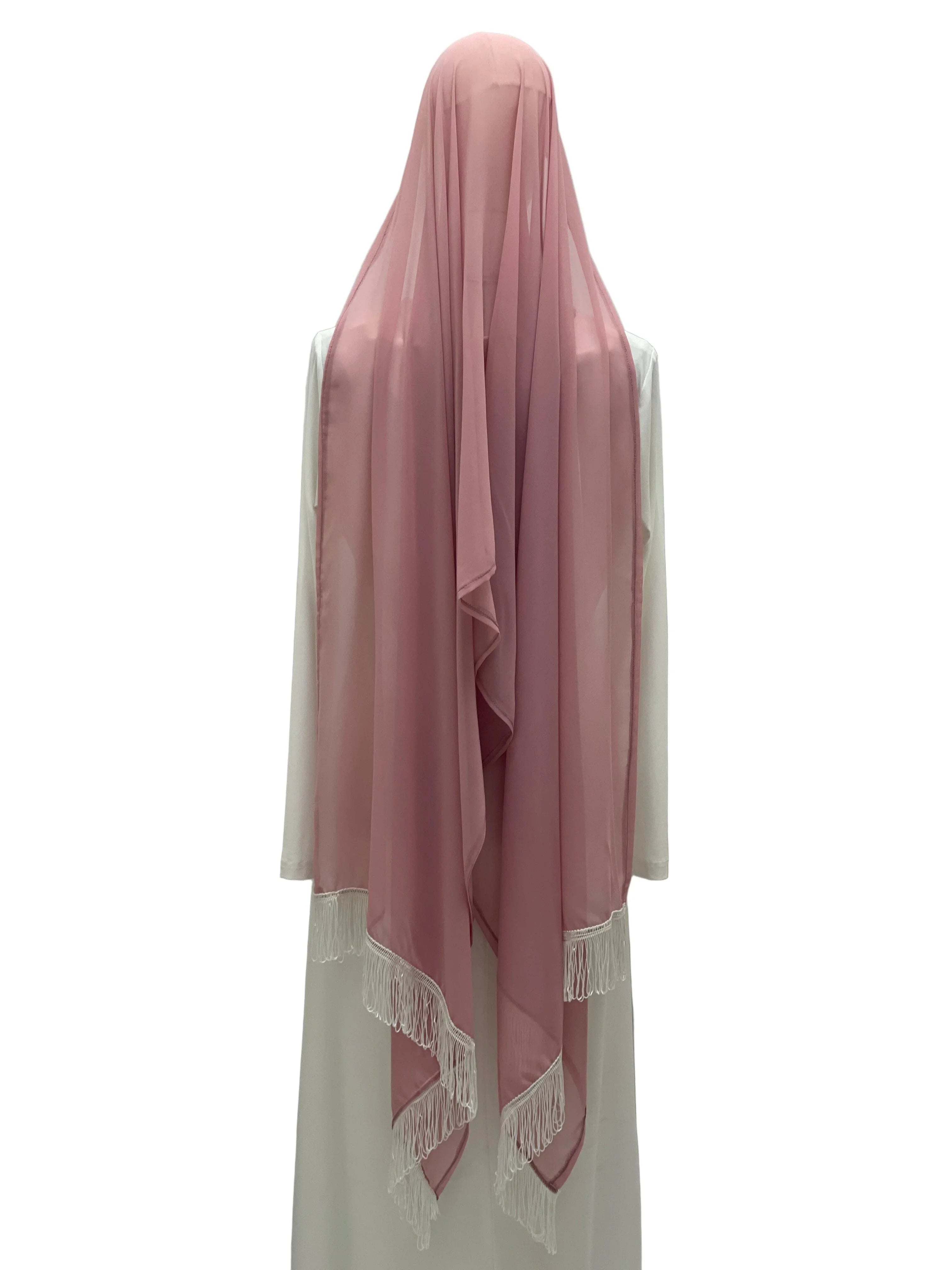 Palestinian Elegance pink khirka draped over white dress back view with New Khirka With White tassel fringe
