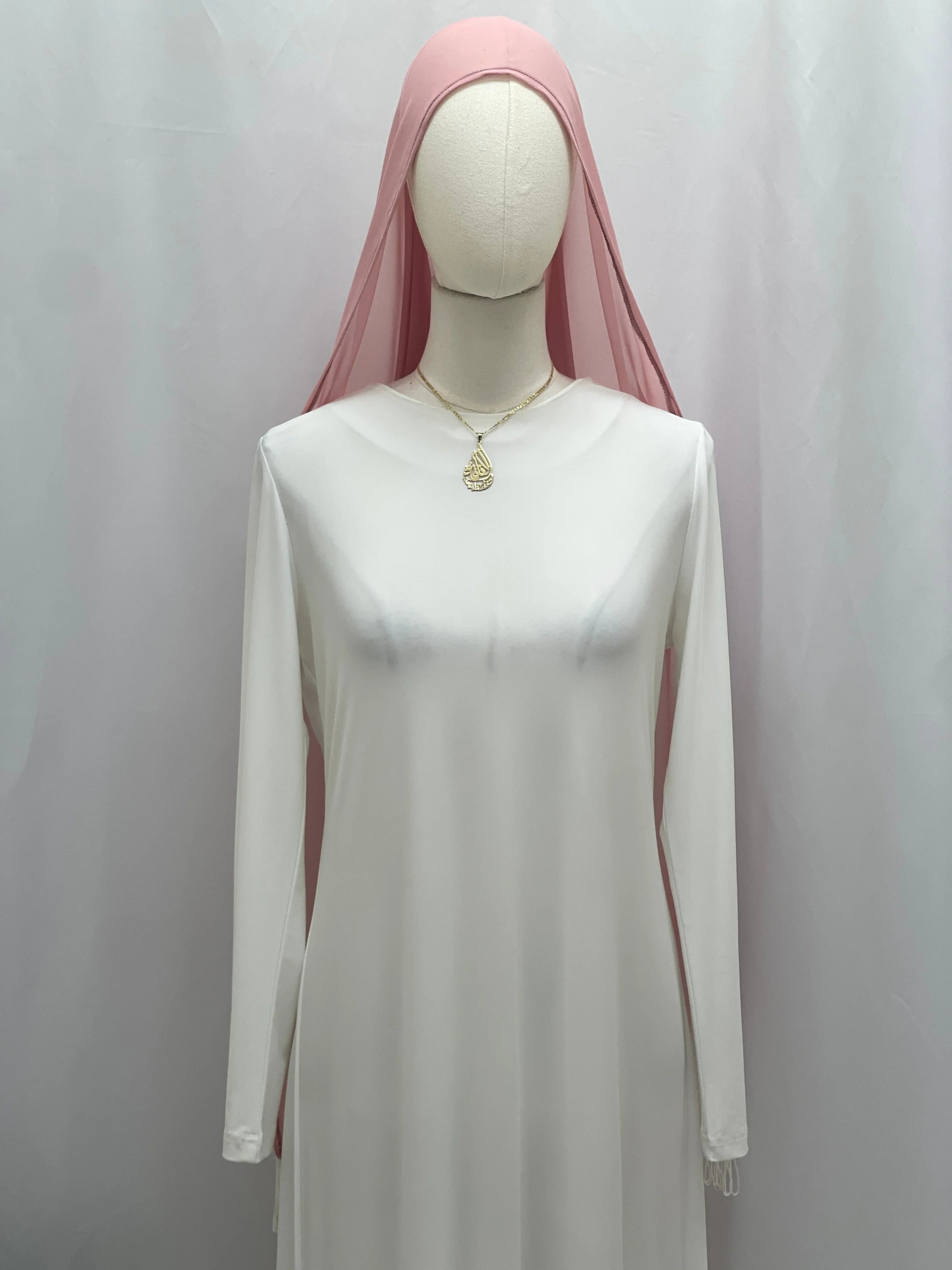 New Khirka With White tassel Palestinian Elegance long white modest khirka on mannequin with pink hijab and gold pendant