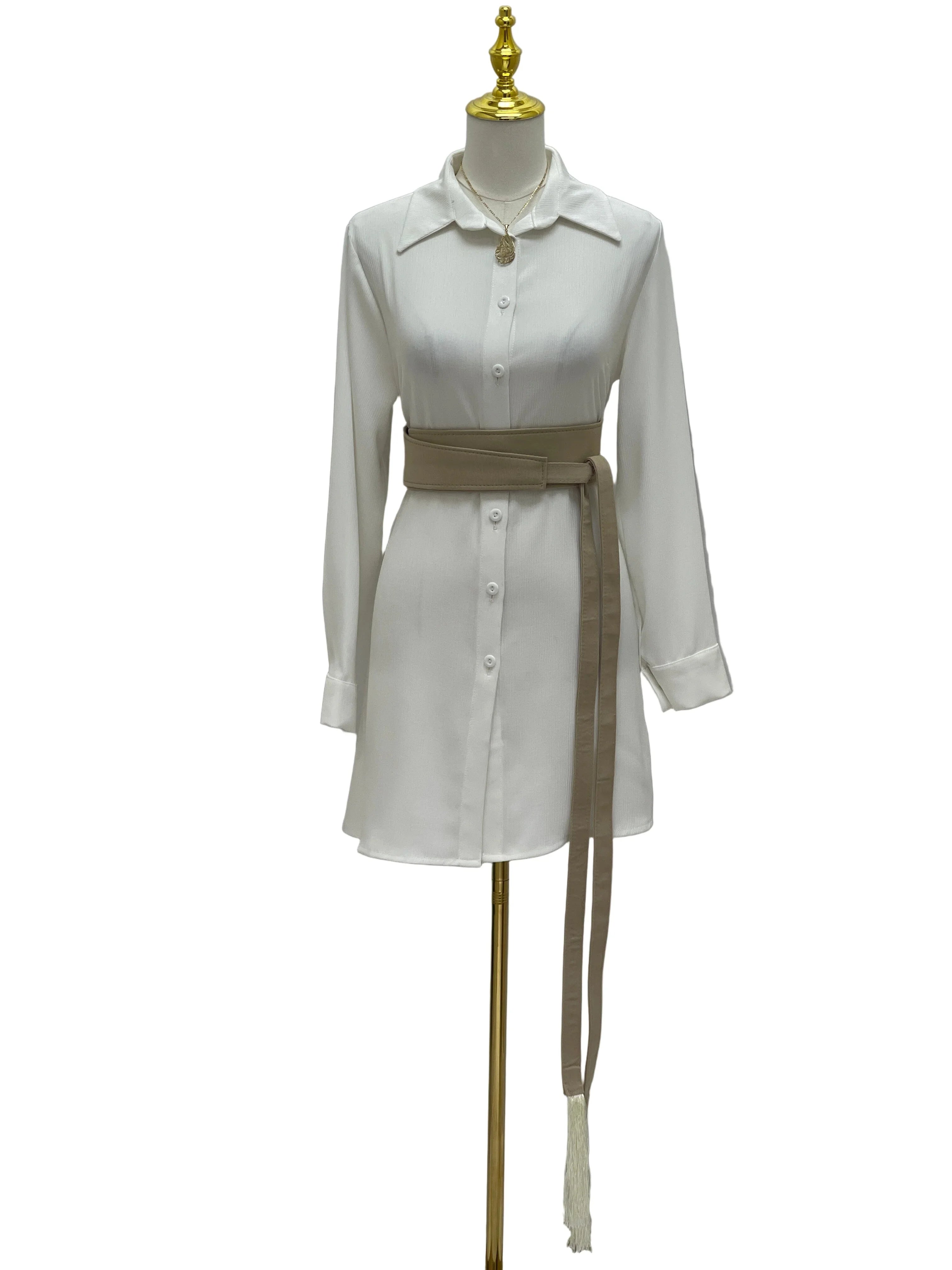 Palestinian Elegance Satin Belt Matt Color wide wrap sash belt in beige tied over white shirt dress
