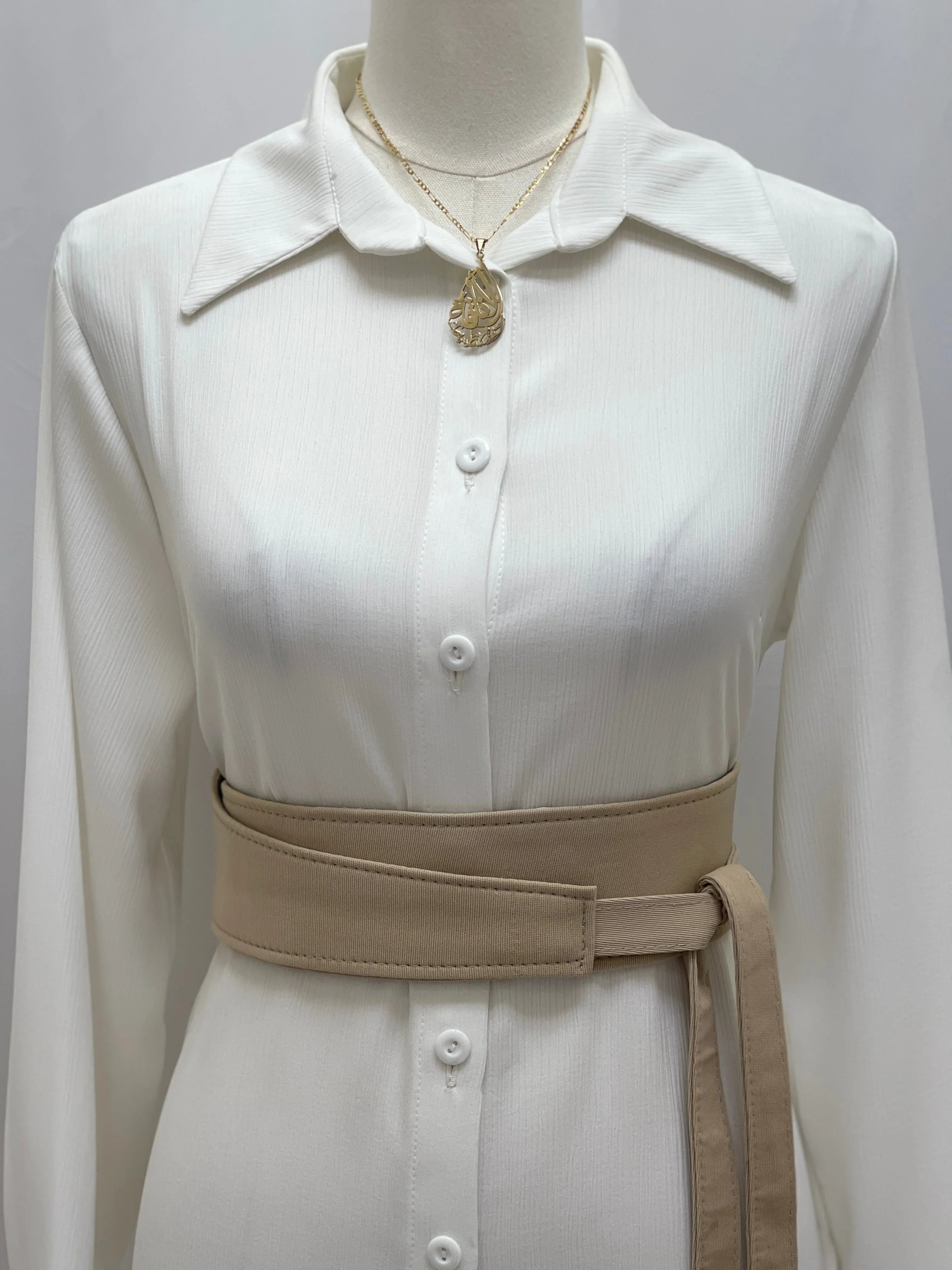 Satin Belt Matt Color beige wrap belt styled on white button down dress by Palestinian Elegance at waist