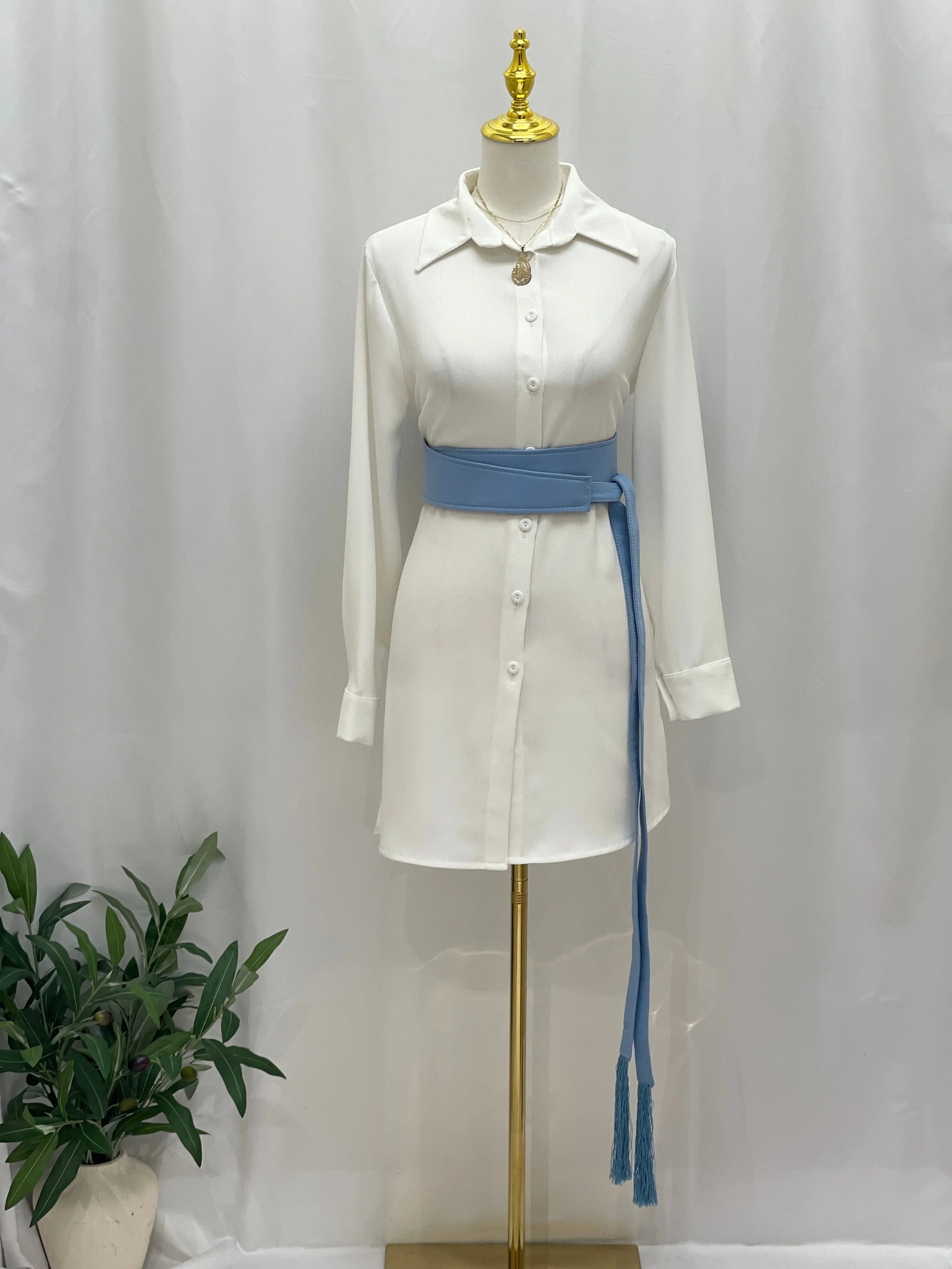 Palestinian Elegance Satin Belt Matt Color blue wrap sash with tassels cinching waist on white shirt dress