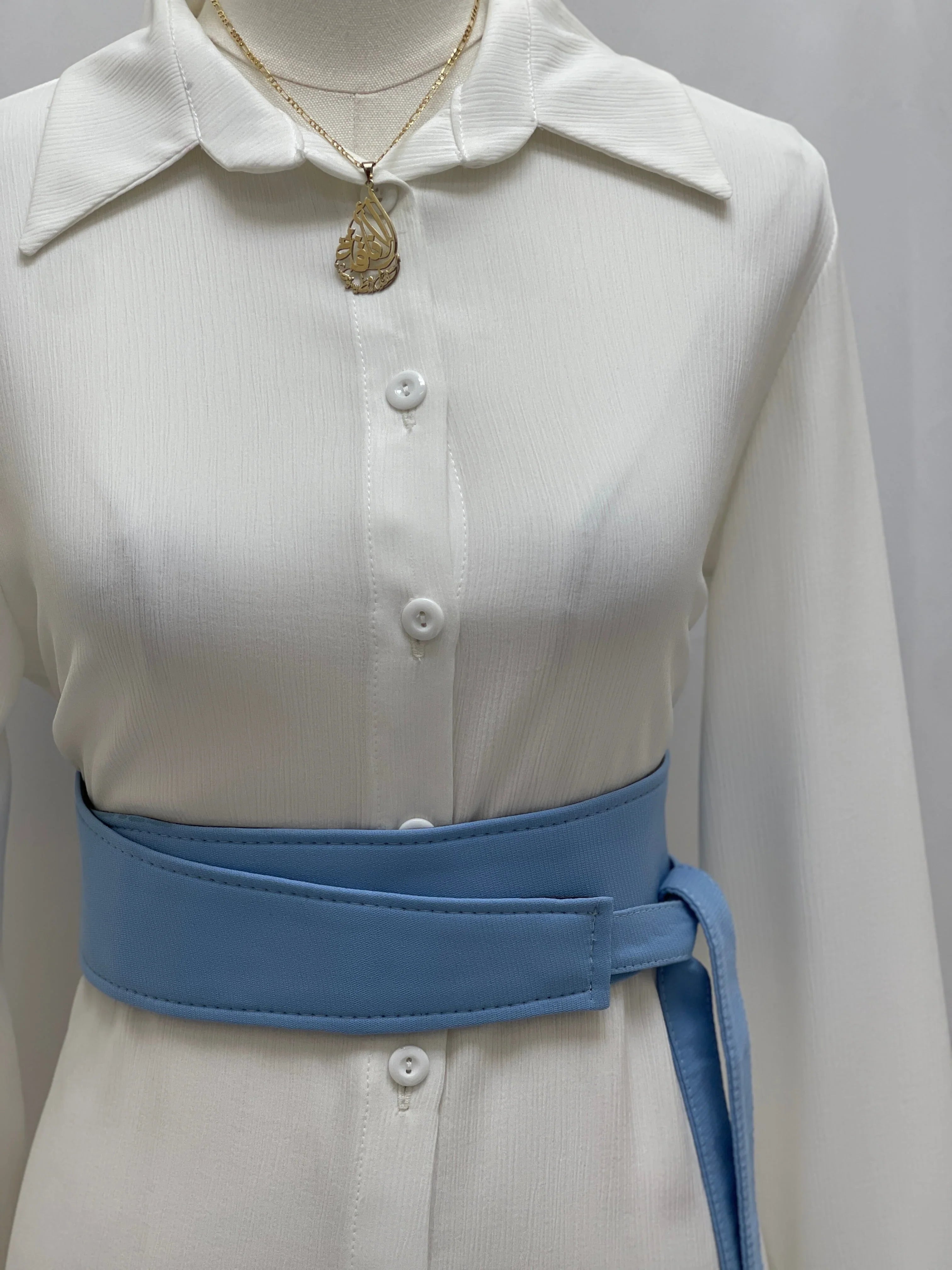 Palestinian Elegance Satin Belt Matt Color wide light blue waist wrap over white blouse