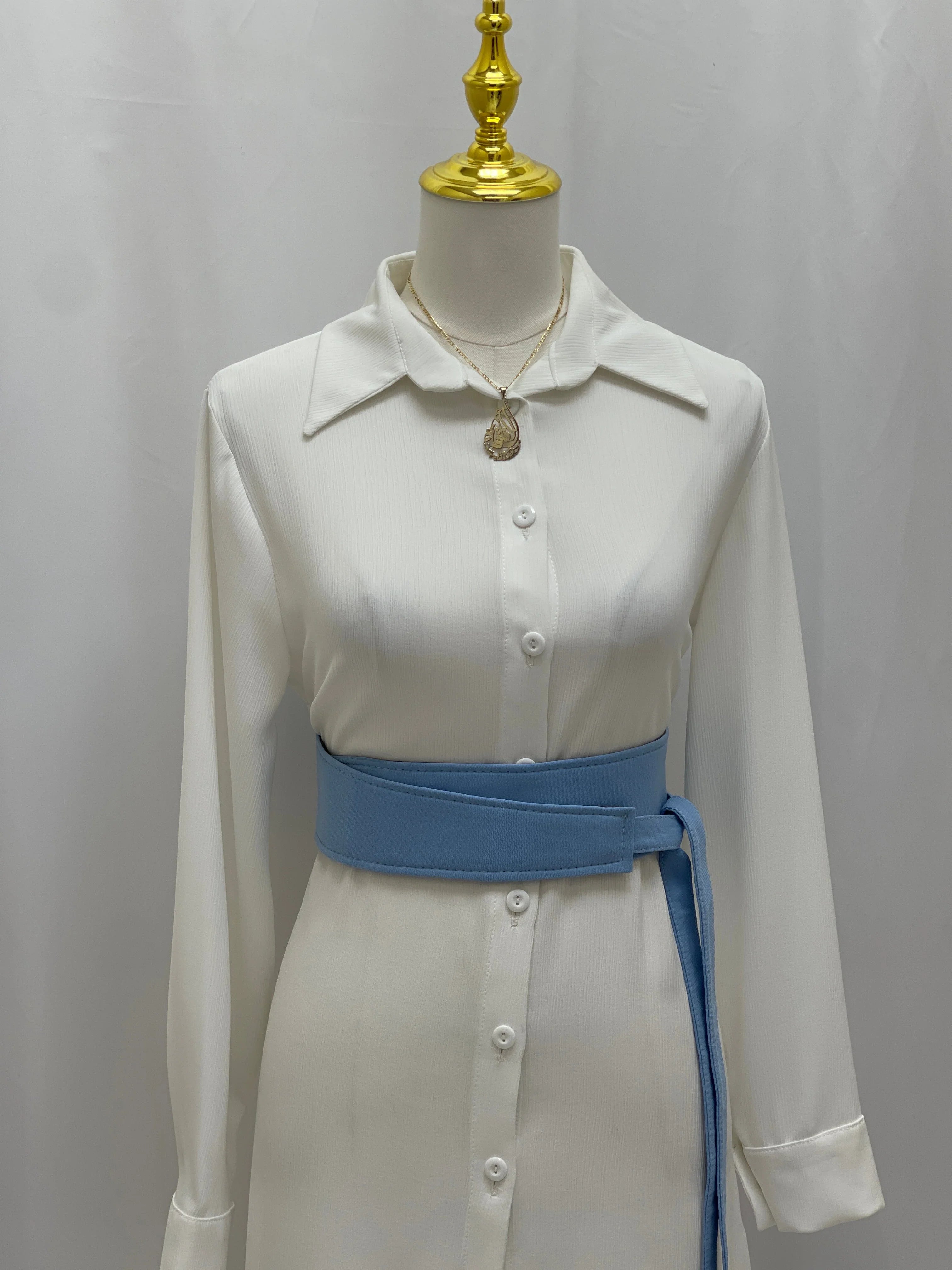 Palestinian Elegance Satin Belt Matt Color wide sky blue wrap belt on white button shirt dress mannequin