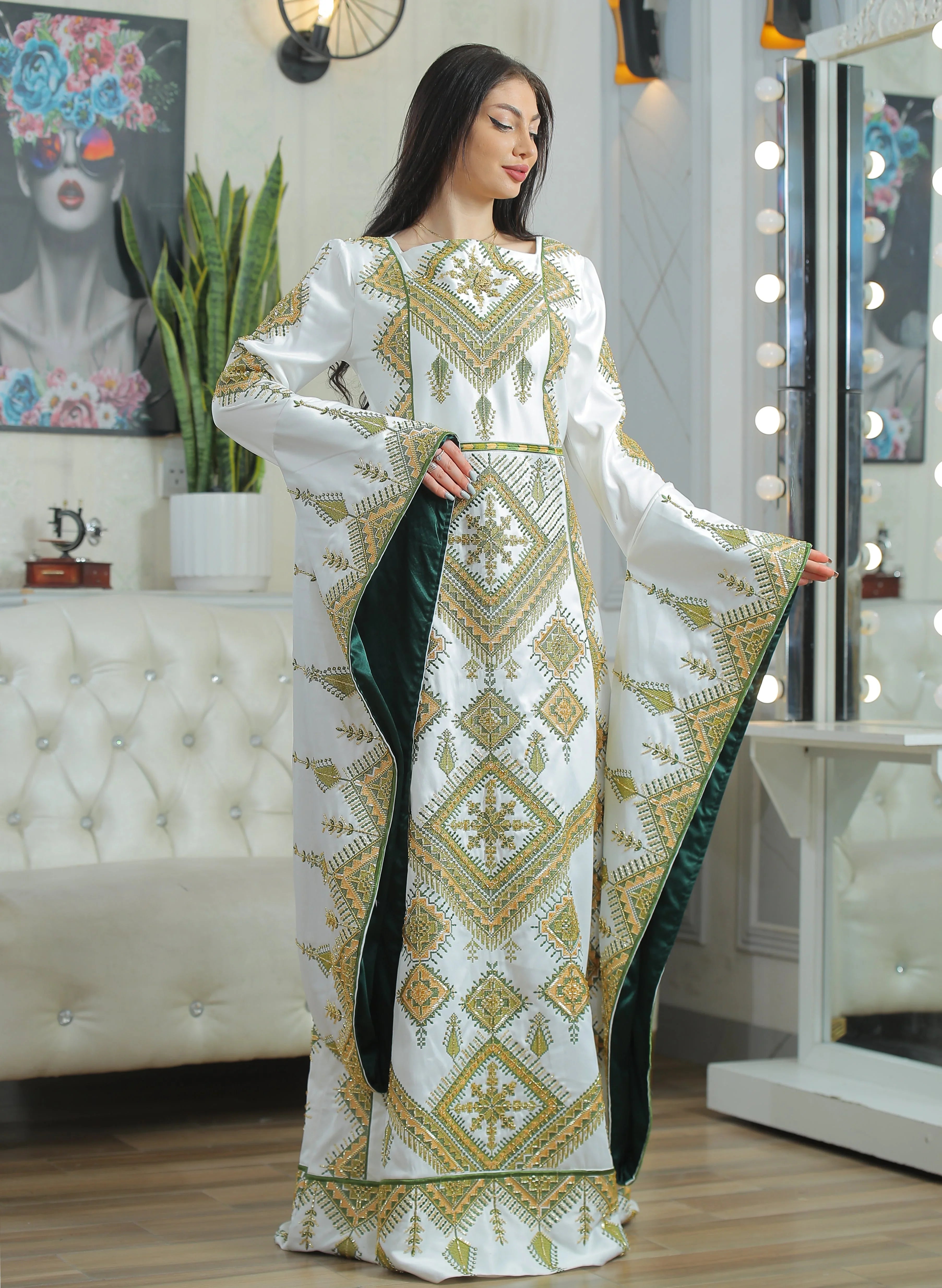 Olive Bloom Bridal Embroidered Dress - Palestinian Elegance