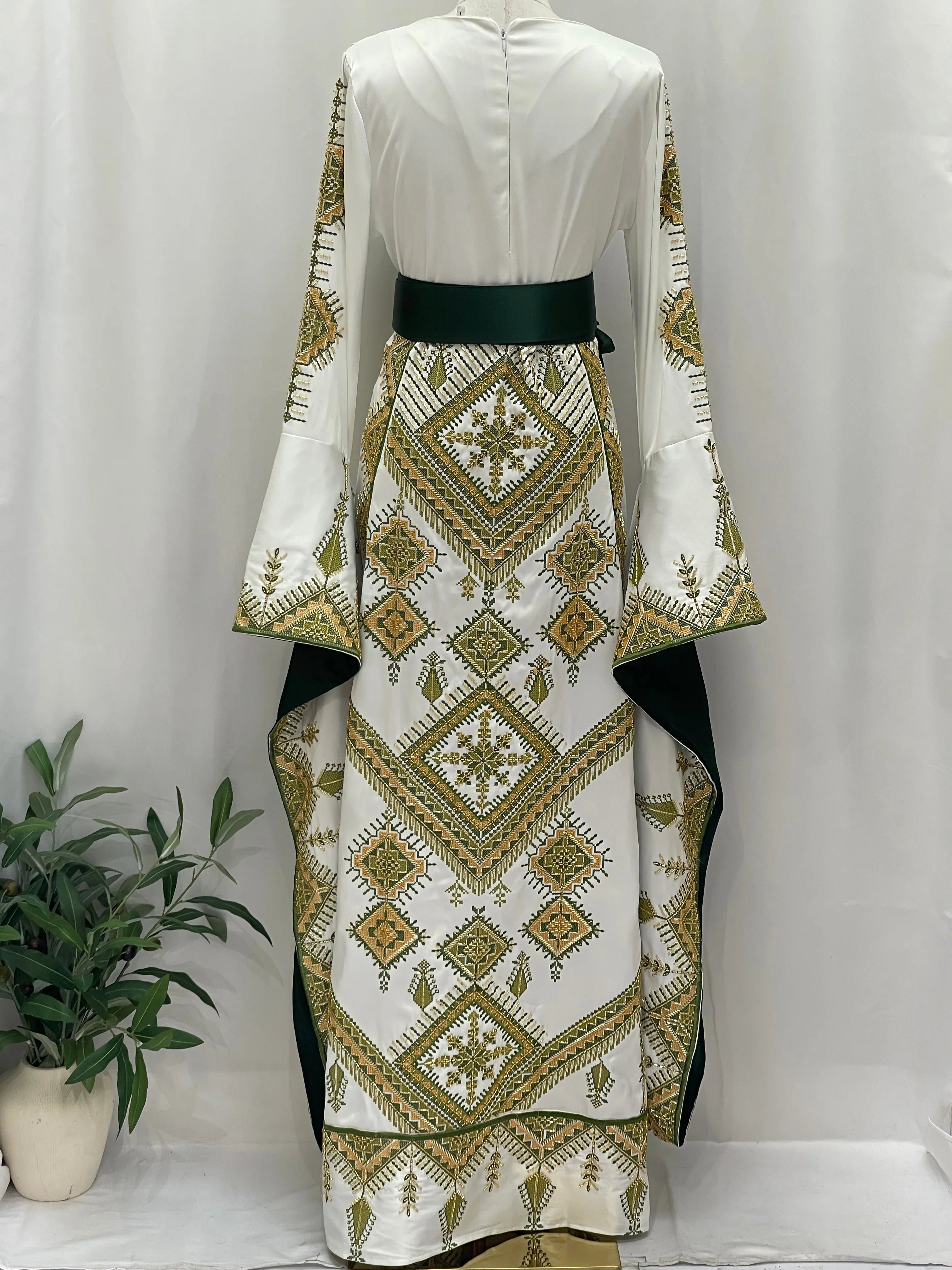 Olive Bloom Bridal Embroidered Dress back view white gown with green gold geometric embroidery and flared sleeves