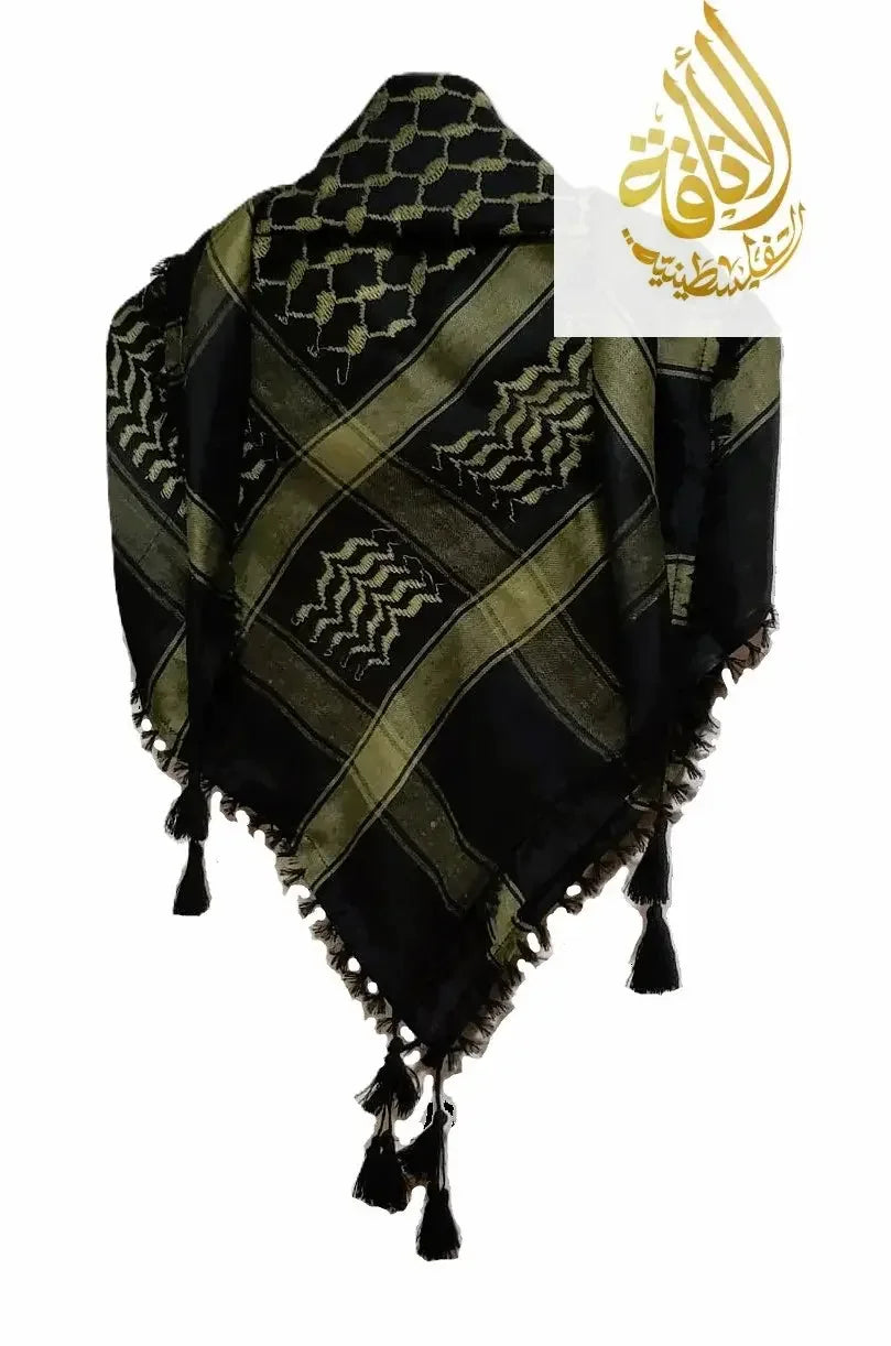 Black and green checkered scarf with tassels on a white background