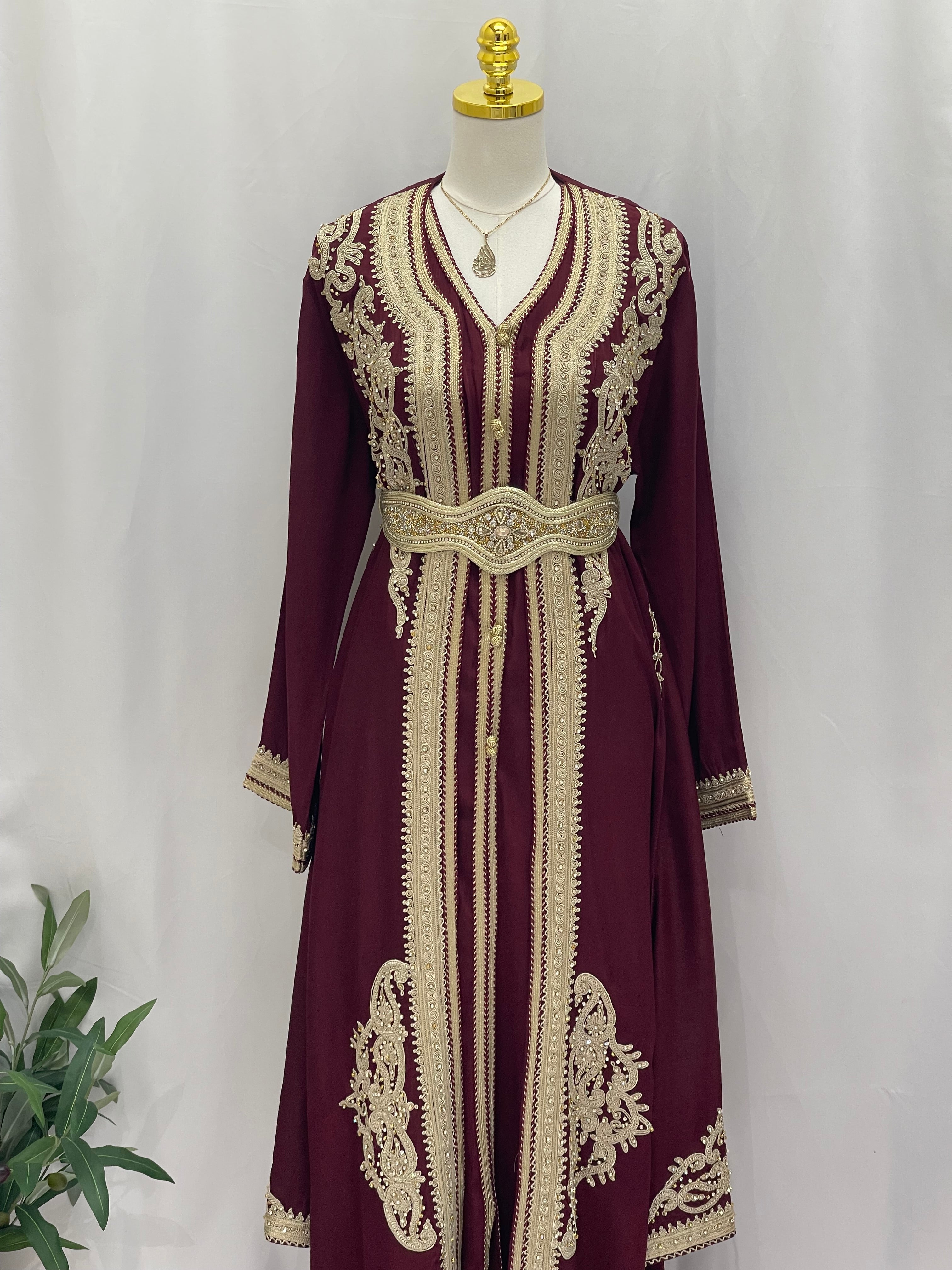 Omima Morocco Style Kaftan by Palestinian Elegance in maroon with intricate gold and matching belt
