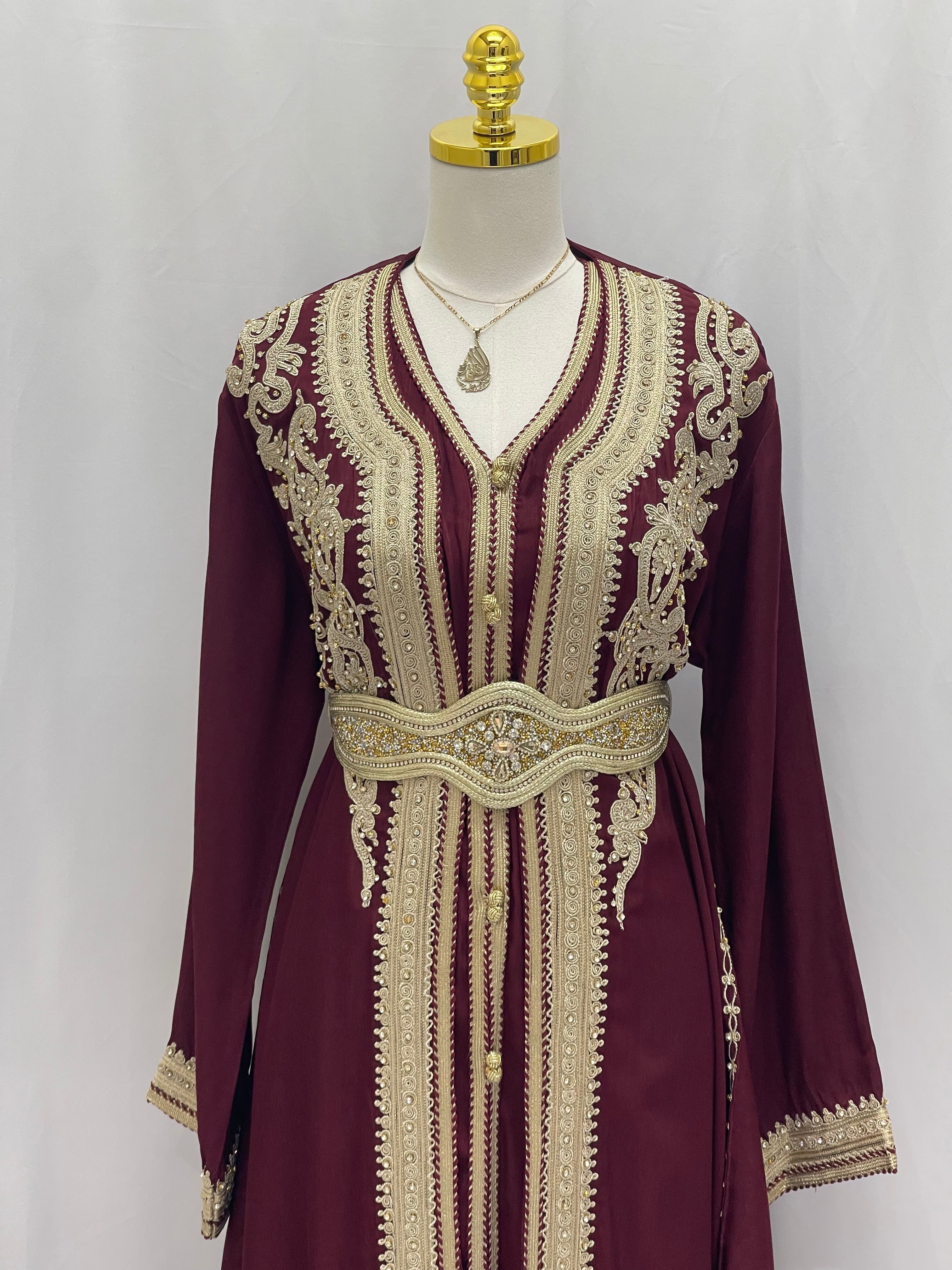 Palestinian Elegance Omima Morocco Style Kaftan in maroon with gold embroidery and decorative belt