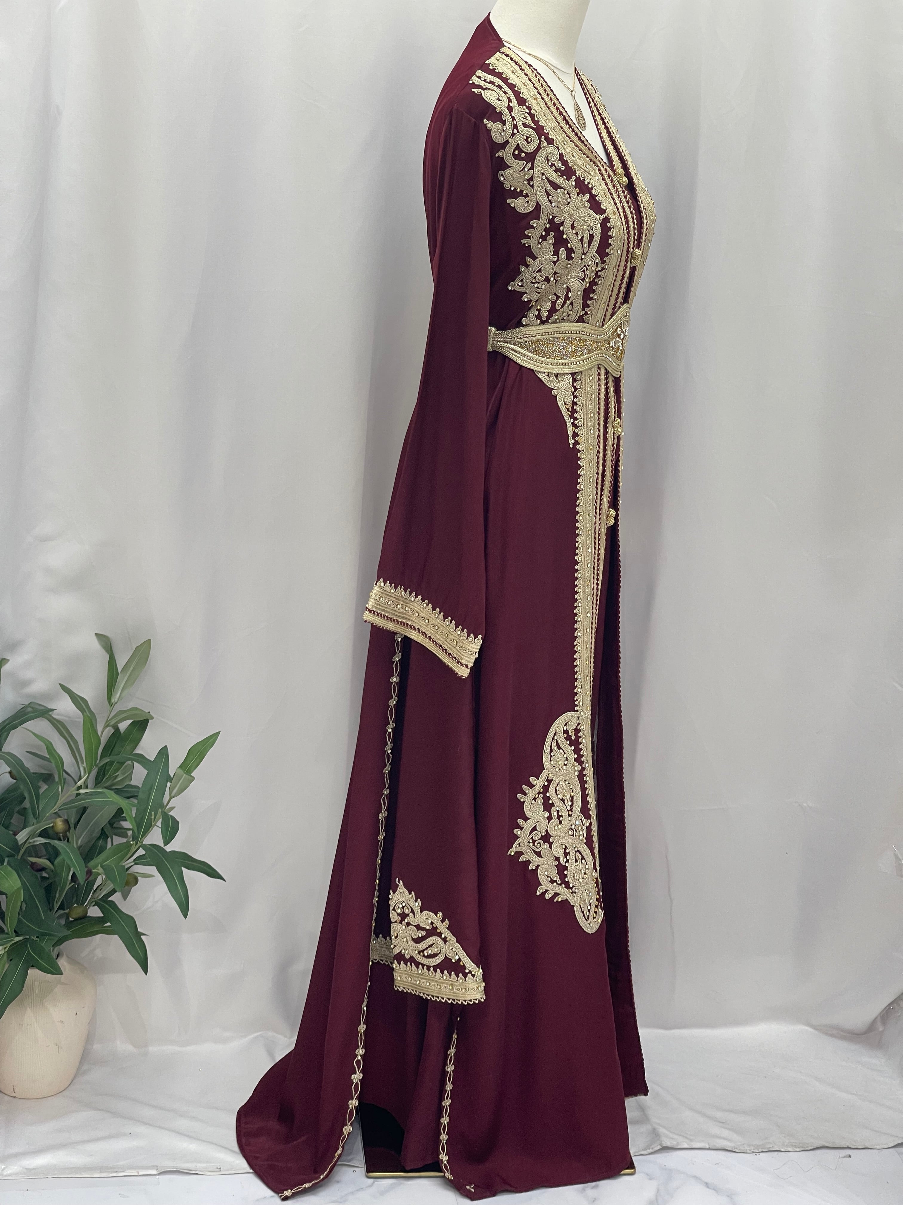 Elegant maroon Omima Morocco Style Kaftan with intricate gold embroidery and a matching belt by Palestinian Elegance