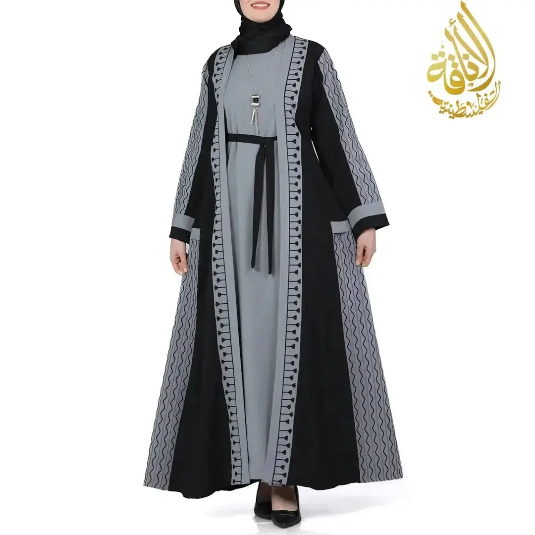 Palestinian Elegance modern embroidered abaya set in black and gray with intricate patterned detailing