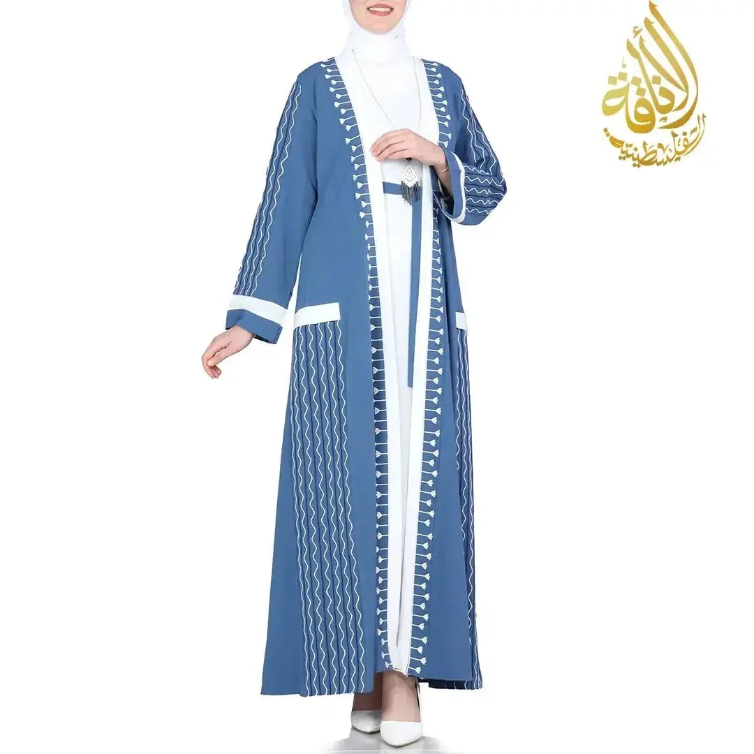 Palestinian Elegance modern embroidered abaya set in blue with white geometric embroidery and front pockets