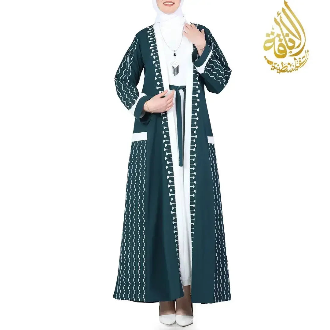Palestinian Elegance modern embroidered abaya set in dark green with white wavy embroidery and belt