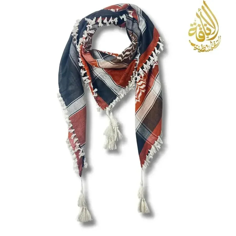 Colorful scarf with patterns and tassels on a white background