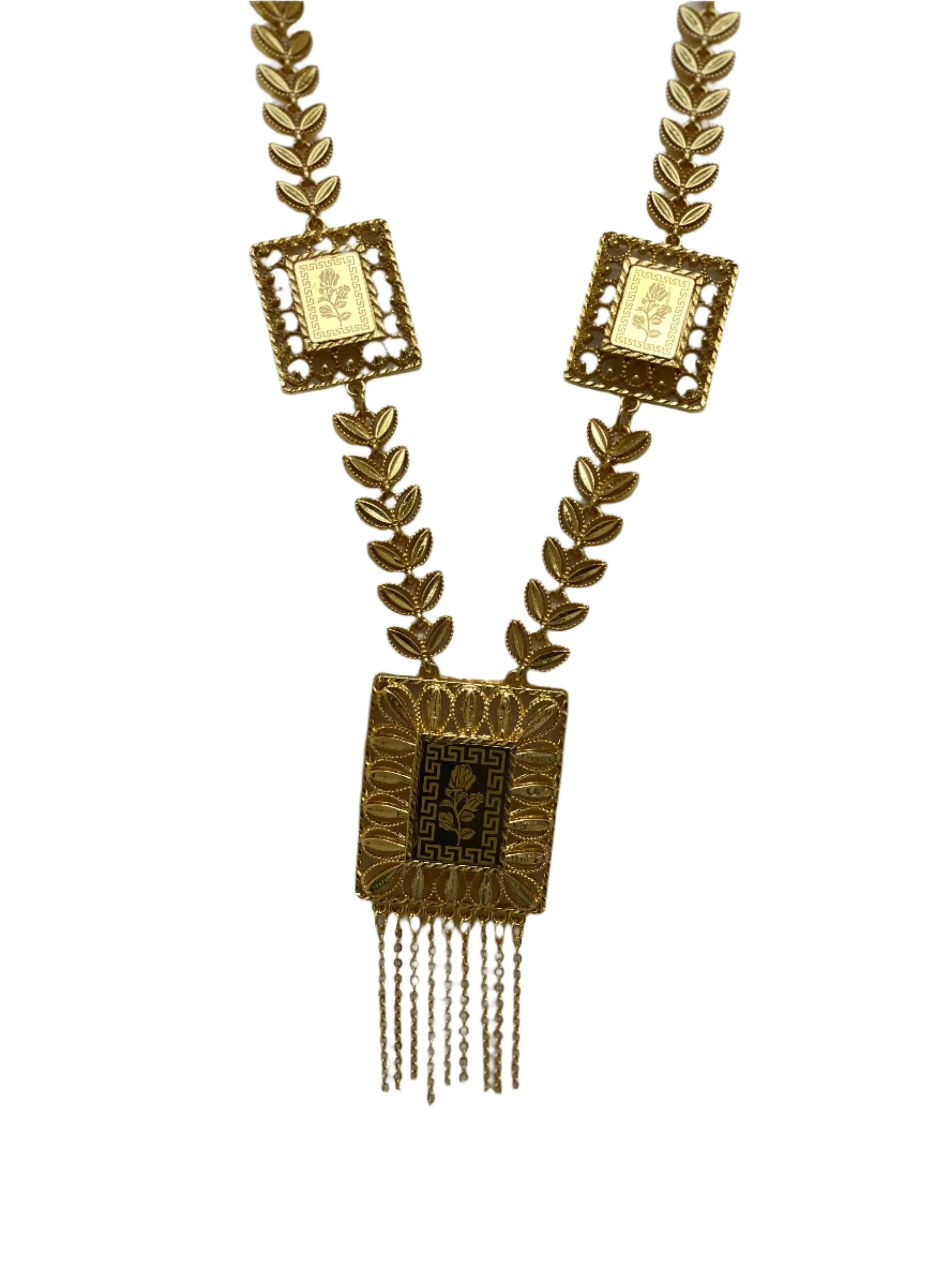 Palestinian Elegance imitated gold Ounce Necklace with intricate leaf chain and square pendants