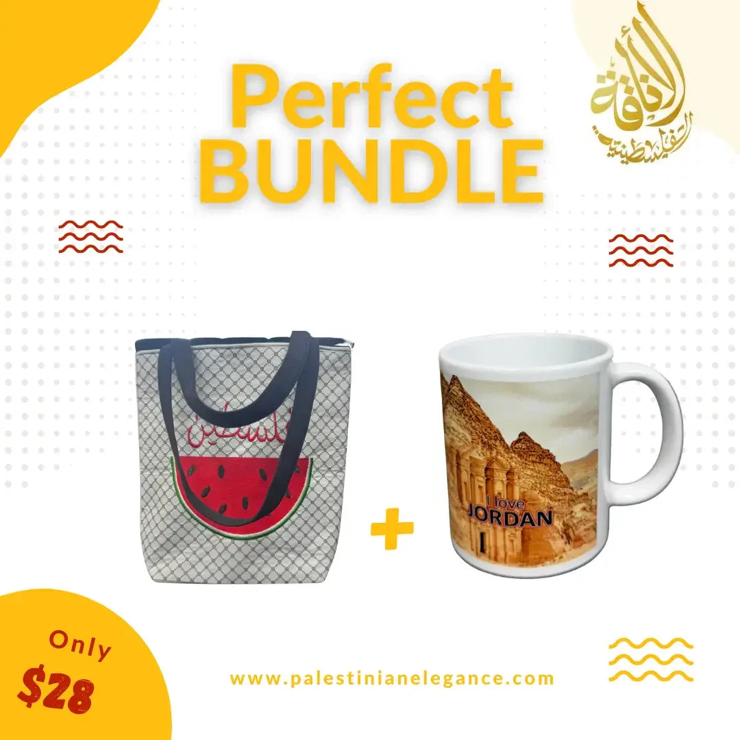Palestine And Jordan Heritage Bundle including a watermelon design tote bag and a Jordan-themed coffee mug