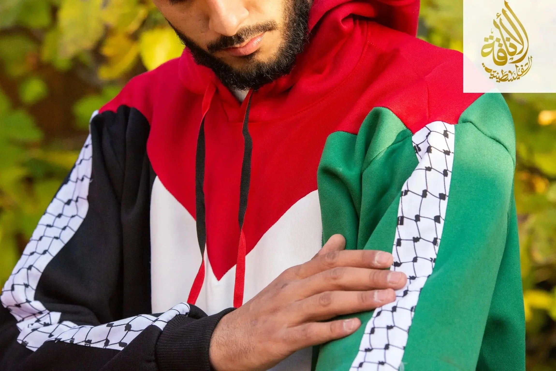 Palestine Pullover Hoodie with Kufiyeh Sleeves - Unisex Cultural Apparel Palestinian Elegance
