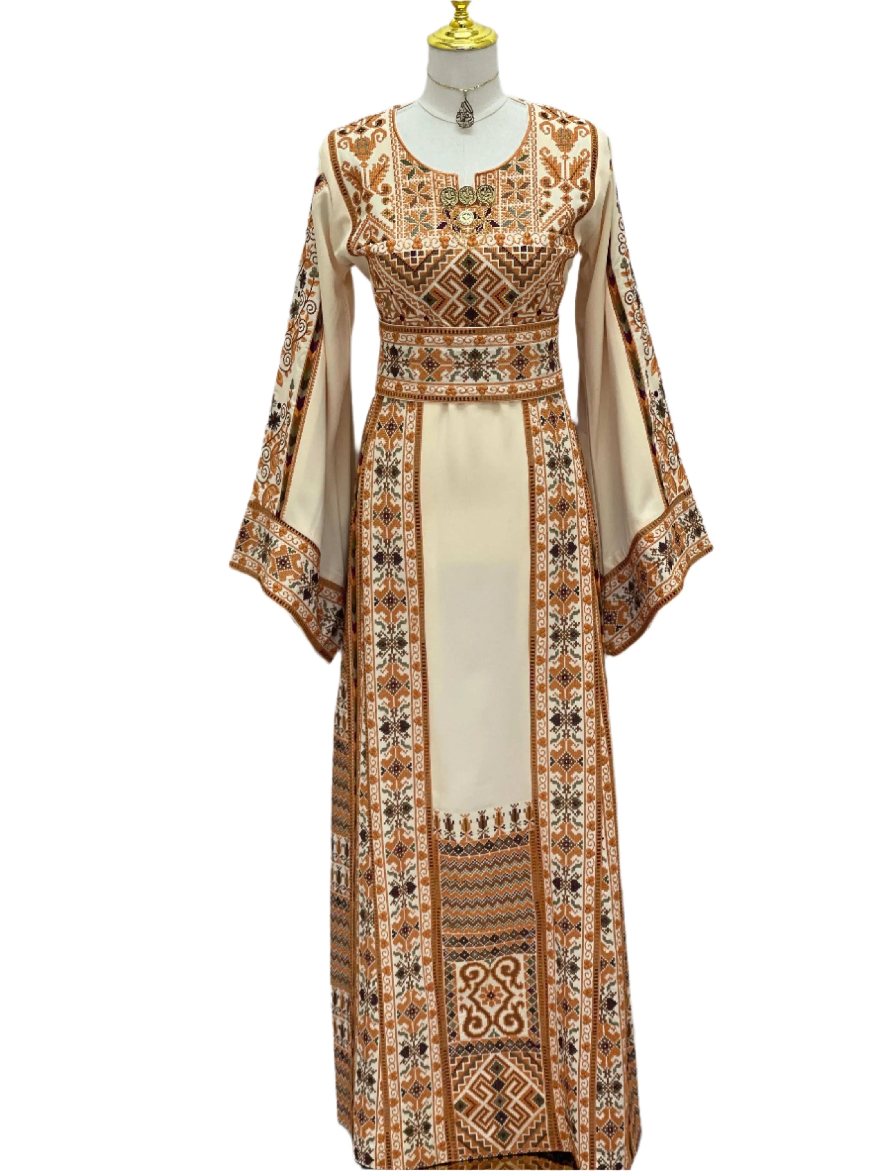 Embroidered Palestine Traditional Beige Thobe with intricate brown and white embroidery by Palestinian Elegance