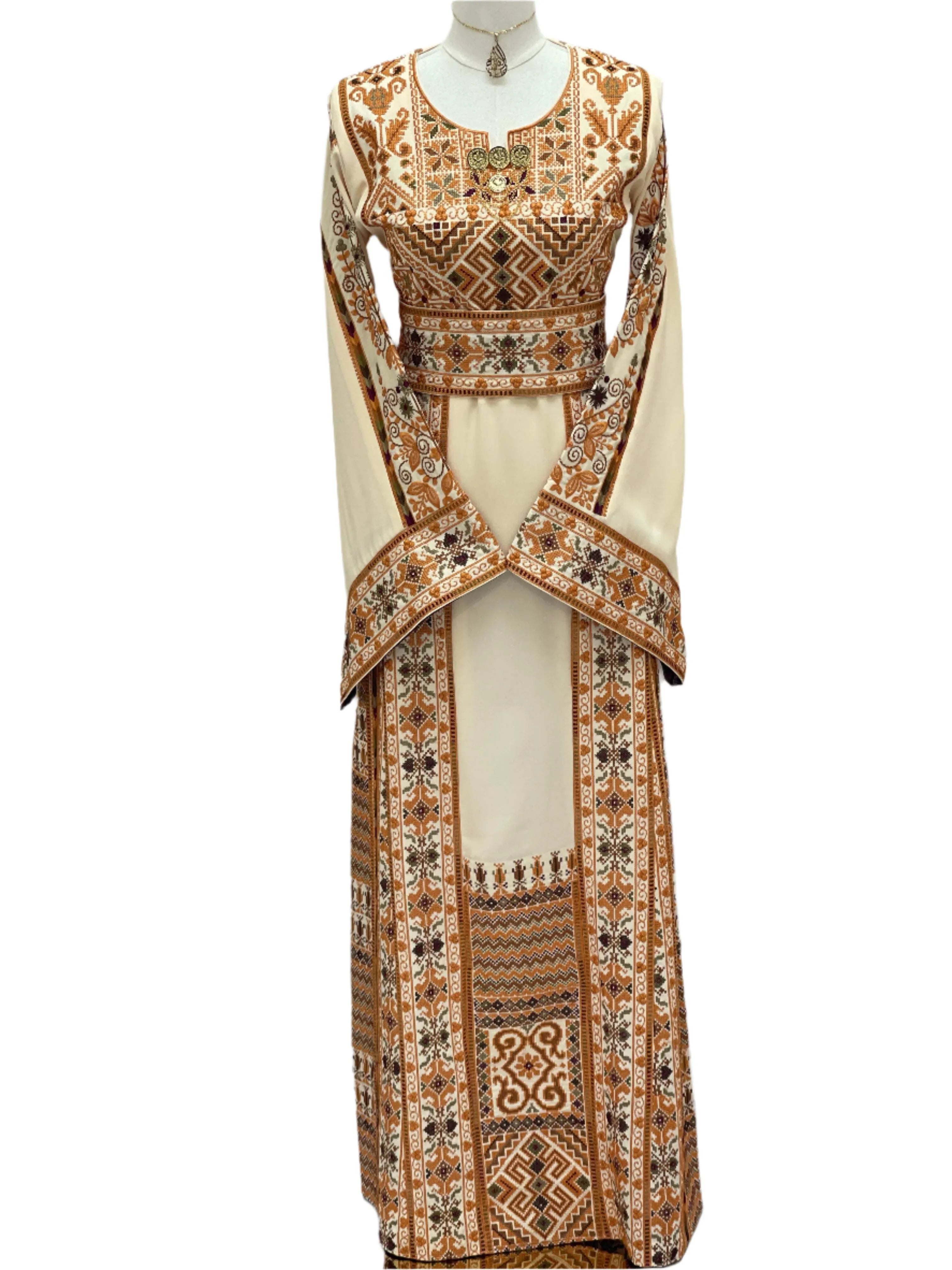 Embroidered Palestine Traditional Beige Thobe with intricate brown and white patterns by Palestinian Elegance