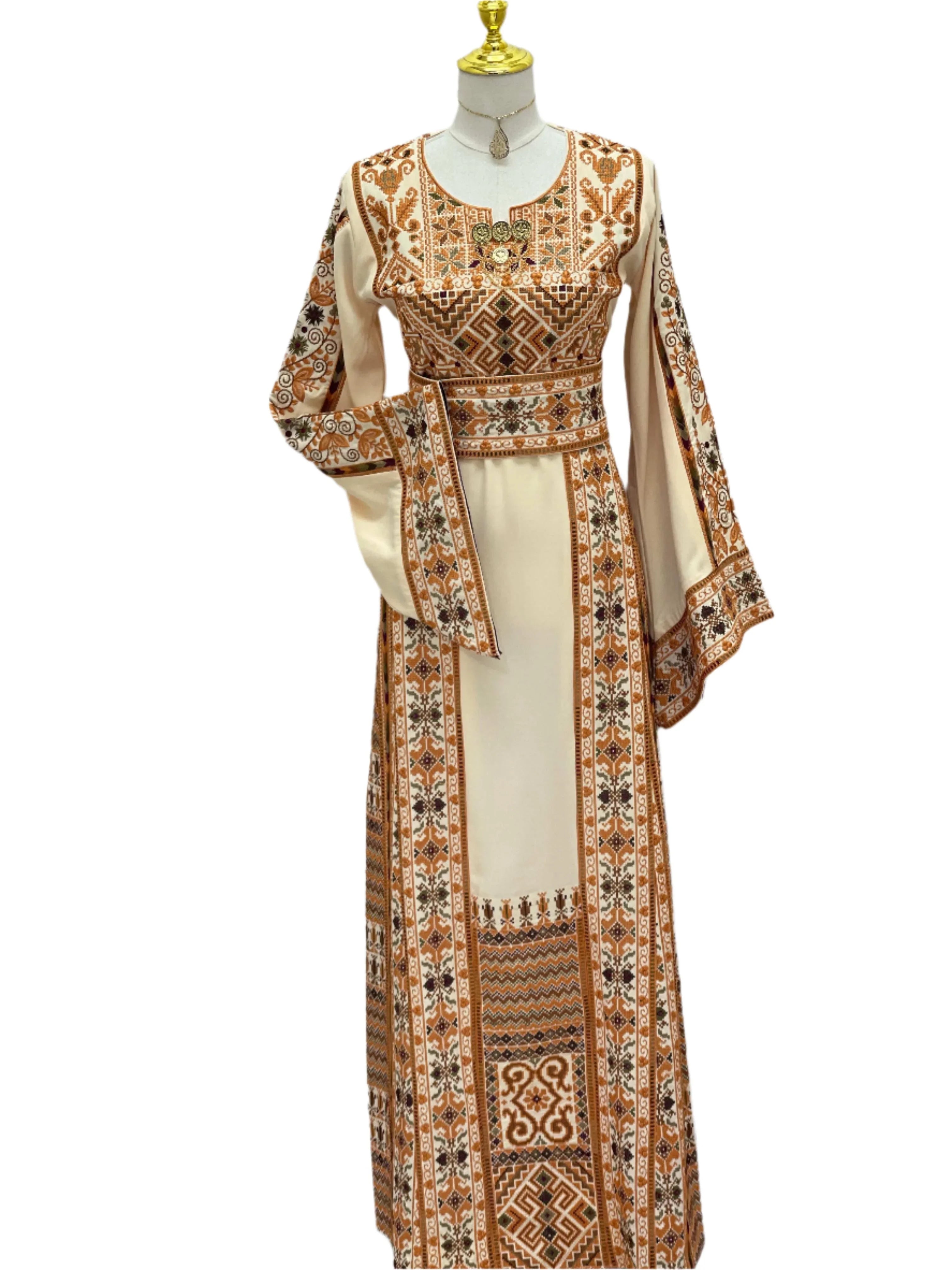 Embroidered Palestine Traditional Beige Thobe with intricate brown and orange geometric patterns from Palestinian Elegance