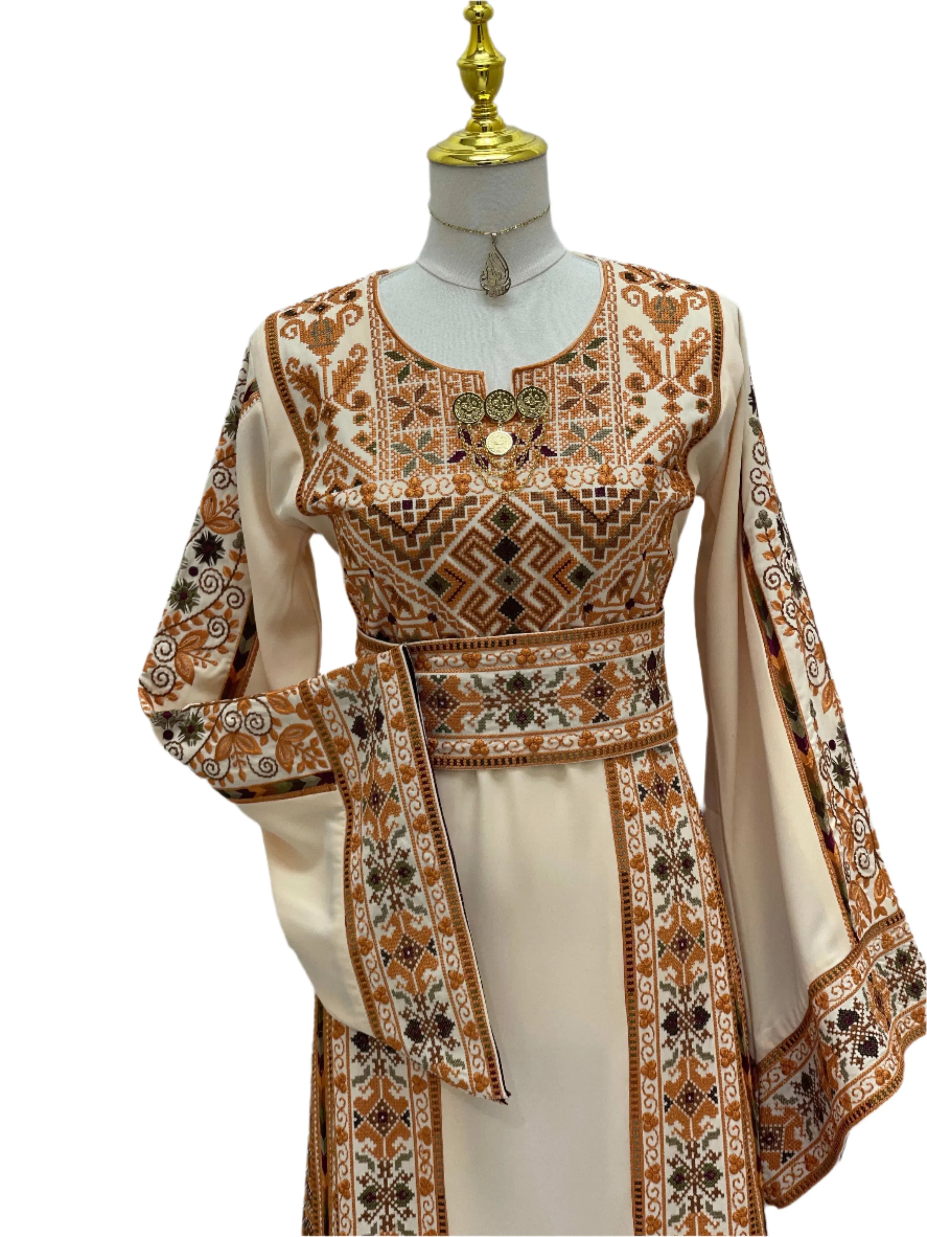 Embroidered Palestine Traditional Beige Thobe with detailed orange and brown embroidery by Palestinian Elegance