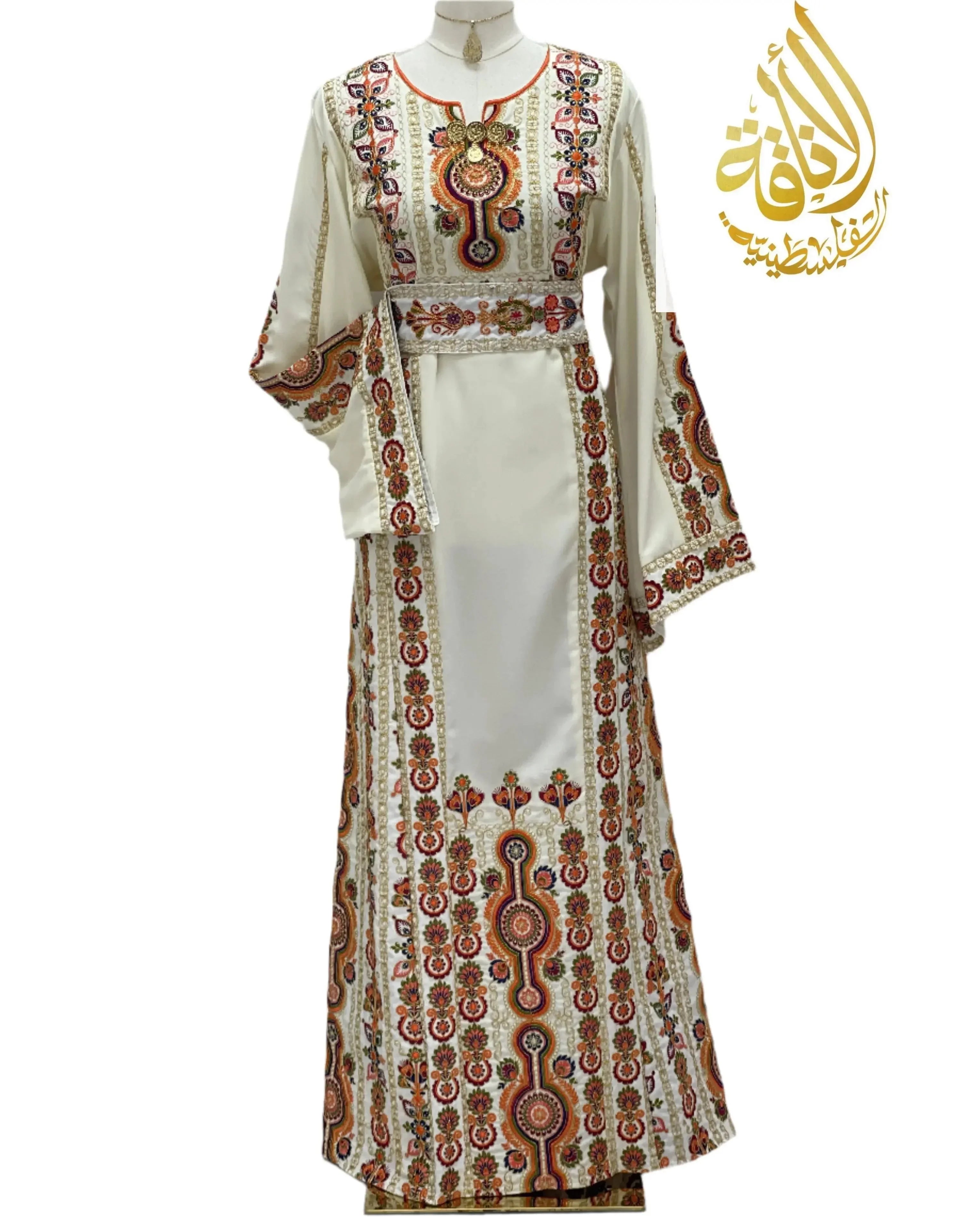 Salma Ivory Embroidered Thoub by Palestinian Elegance featuring intricate traditional embroidery on ivory fabric full length