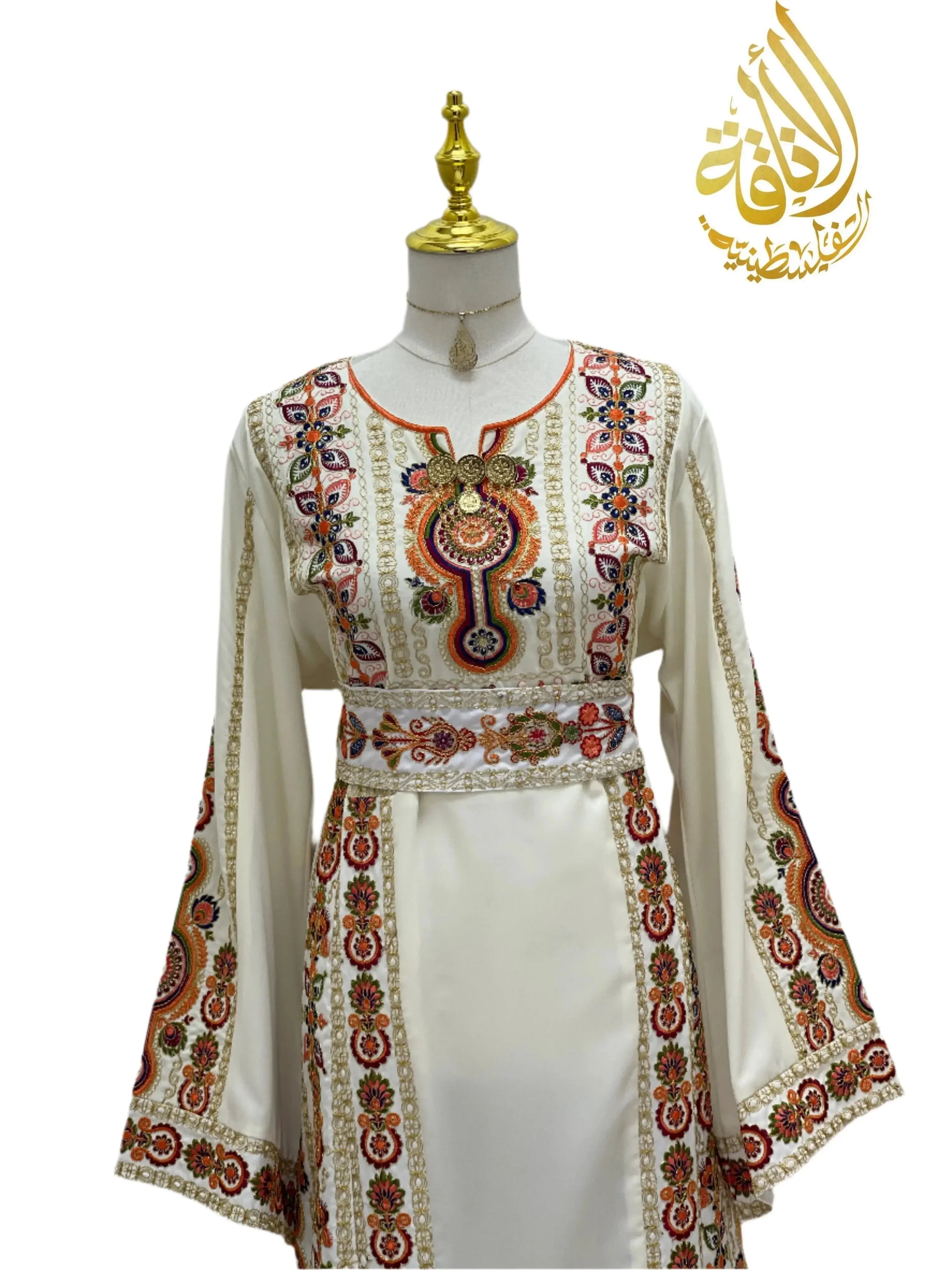 Salma Ivory Embroidered Thoub by Palestinian Elegance with detailed traditional embroidery on sleeves and bodice