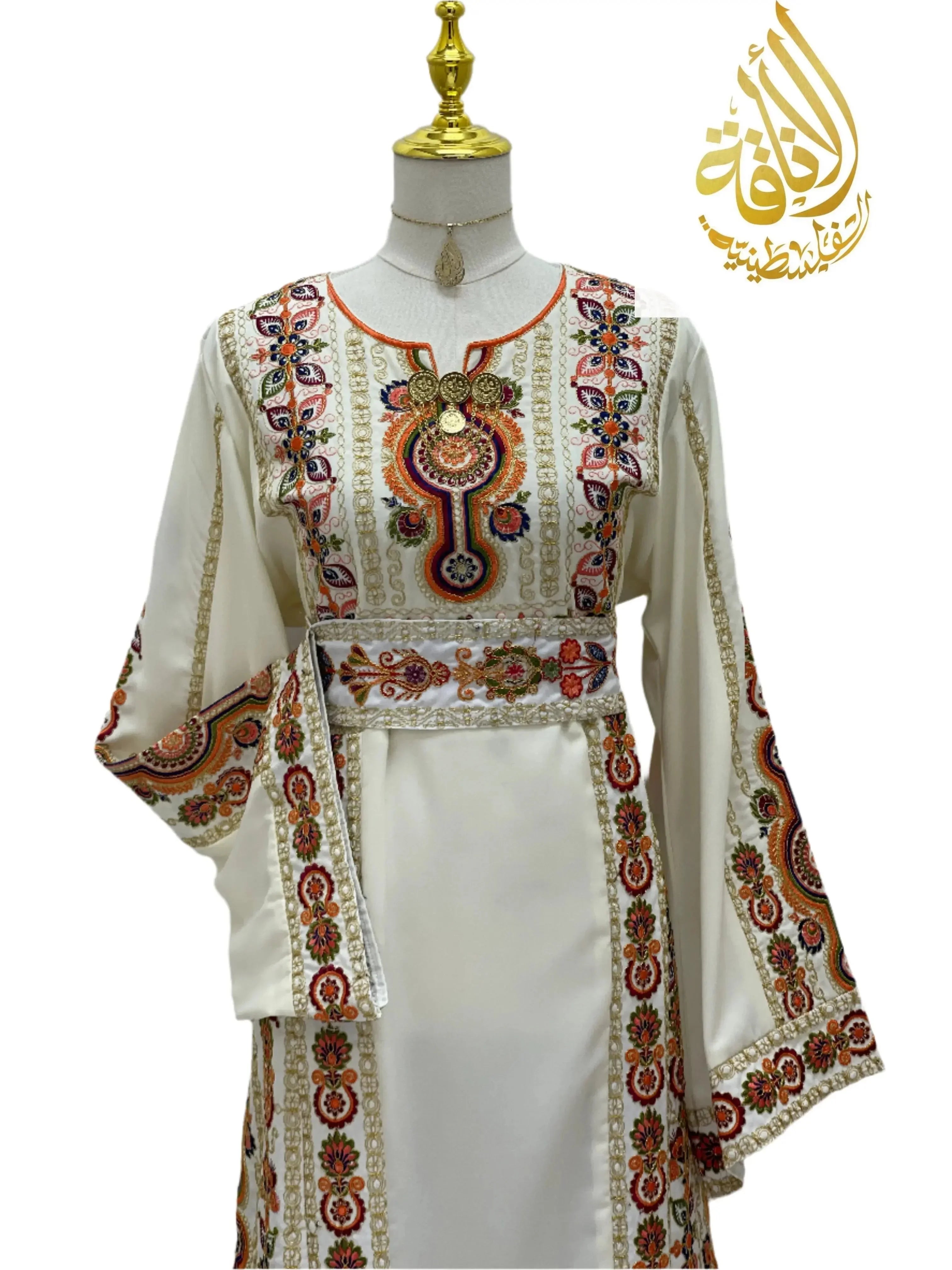 Salma Ivory Embroidered Thoub with intricate colorful floral embroidery from Palestinian Elegance