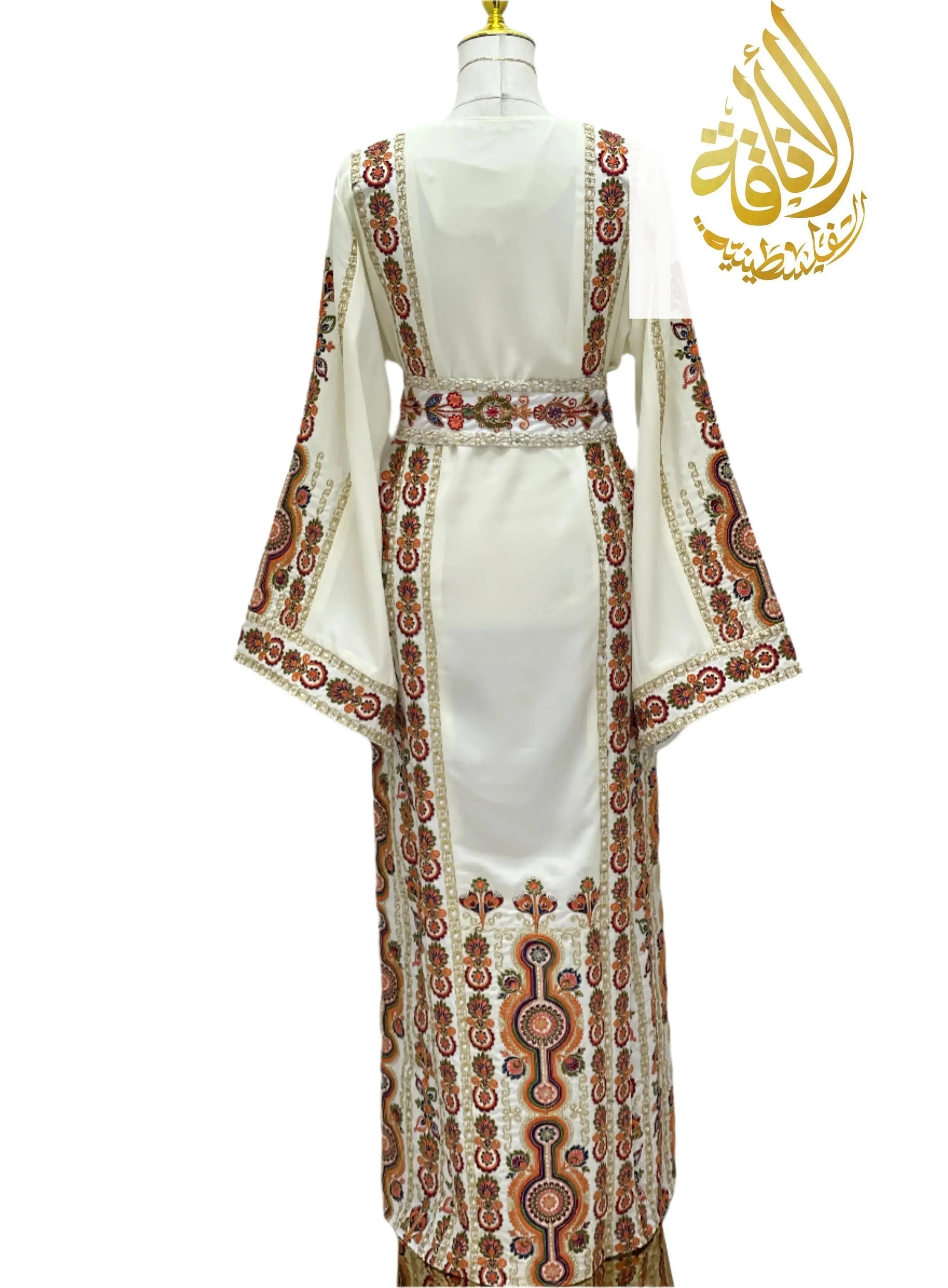 Back view of Salma Ivory Embroidered Thoub with detailed traditional embroidery on sleeves and hem
