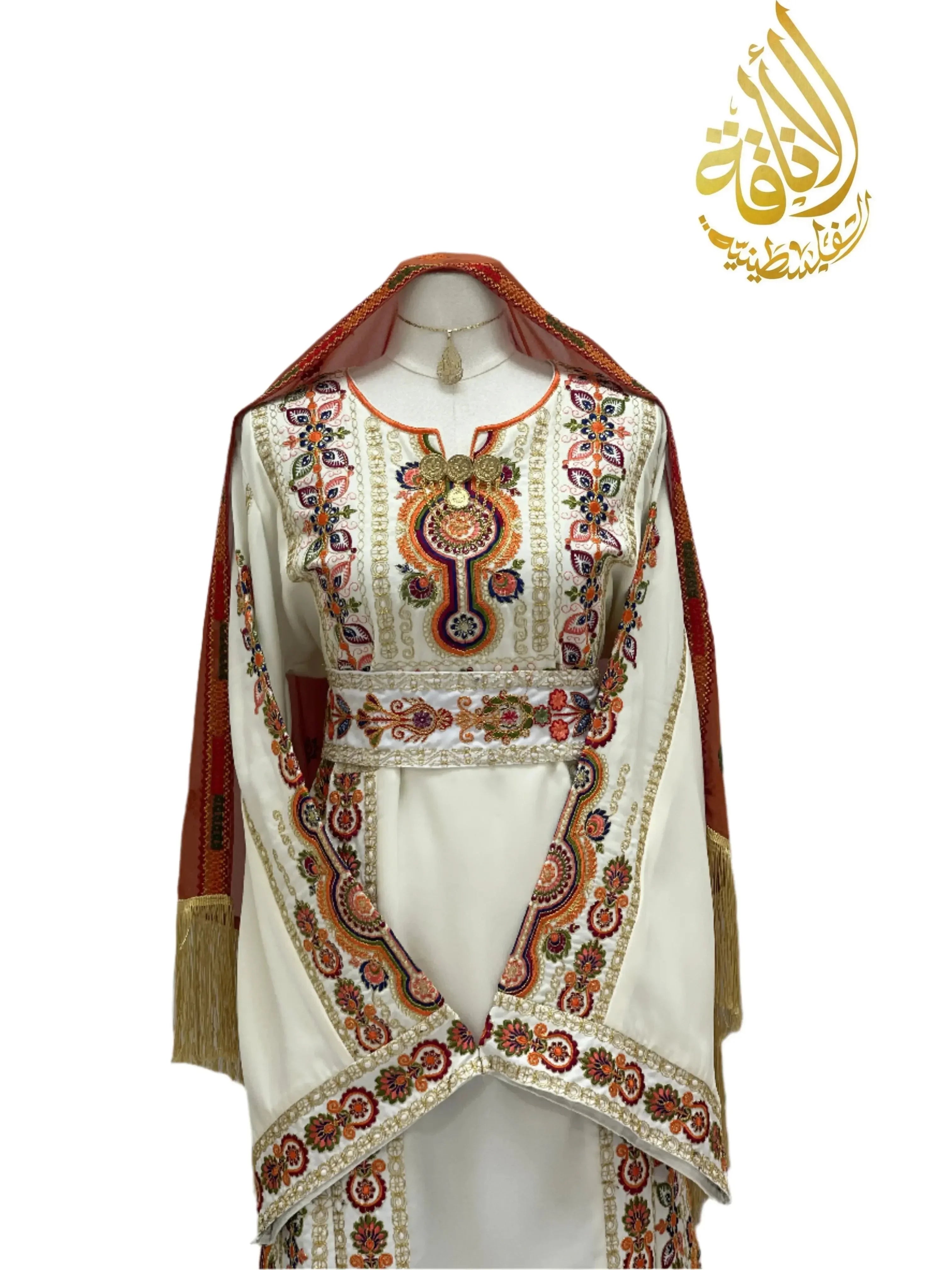 Salma Ivory Embroidered Thoub by Palestinian Elegance with intricate traditional embroidery and matching headscarf