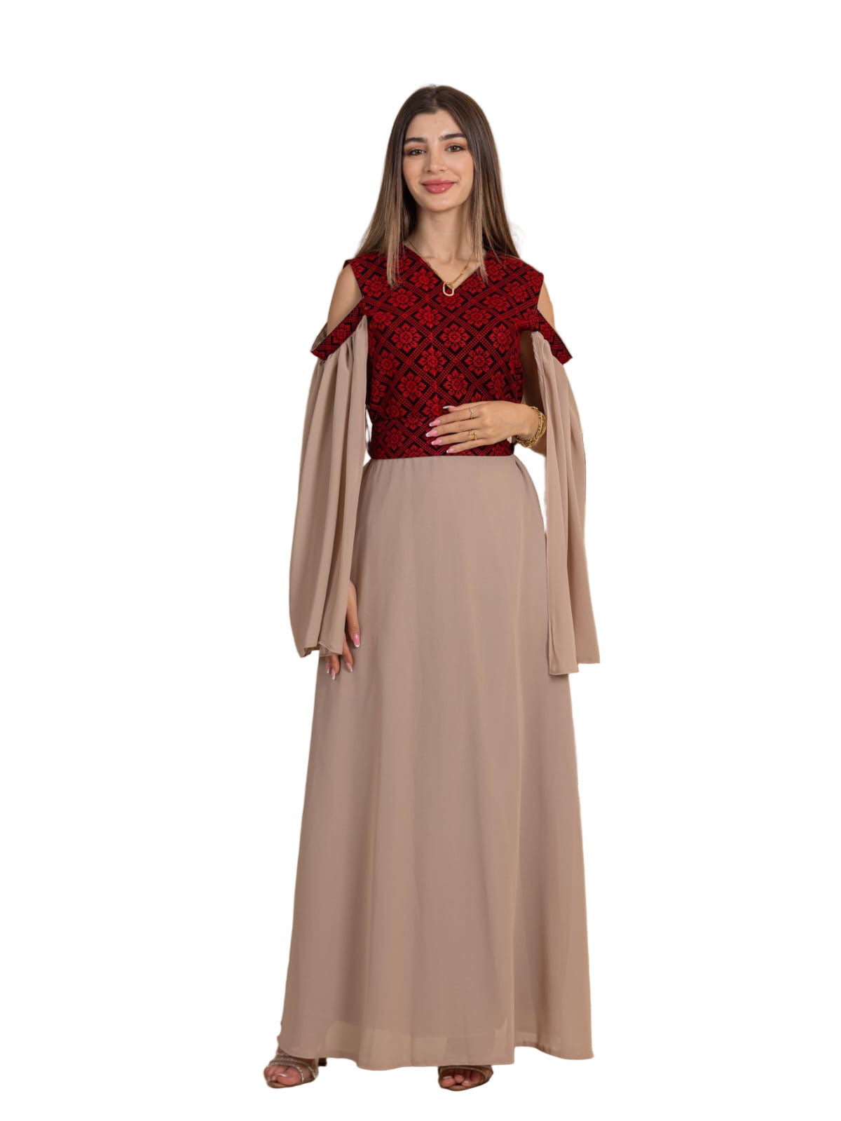 Palestinian Essence Dress by Palestinian Elegance red embroidered bodice cold shoulder long beige skirt