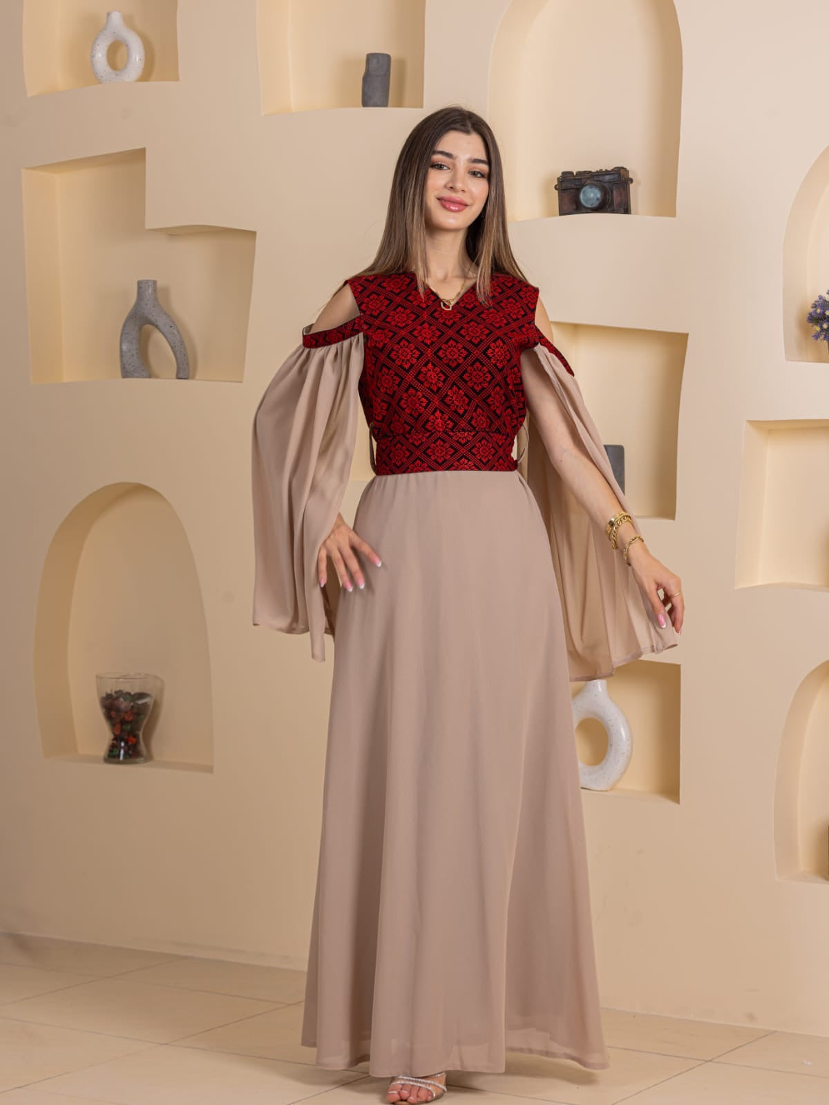 Palestinian Elegance long beige skirt dress with embroidered red bodice and flowing cape sleeves Palestinian Essence Dress .