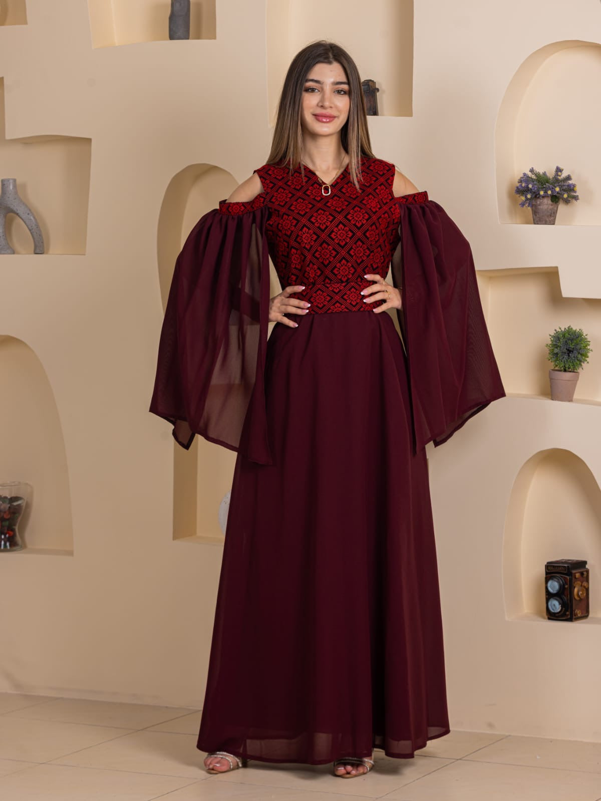 Palestinian Essence Dress burgundy embroidered bodice cold shoulder with sheer flowing bell sleeves floor length