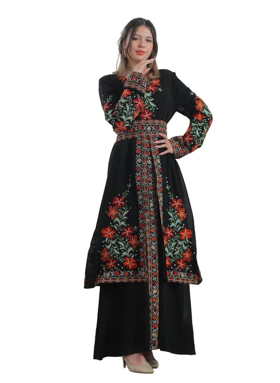 Elegant Rose Embroidered Dress Abaya with intricate floral designs and a flowing silhouette