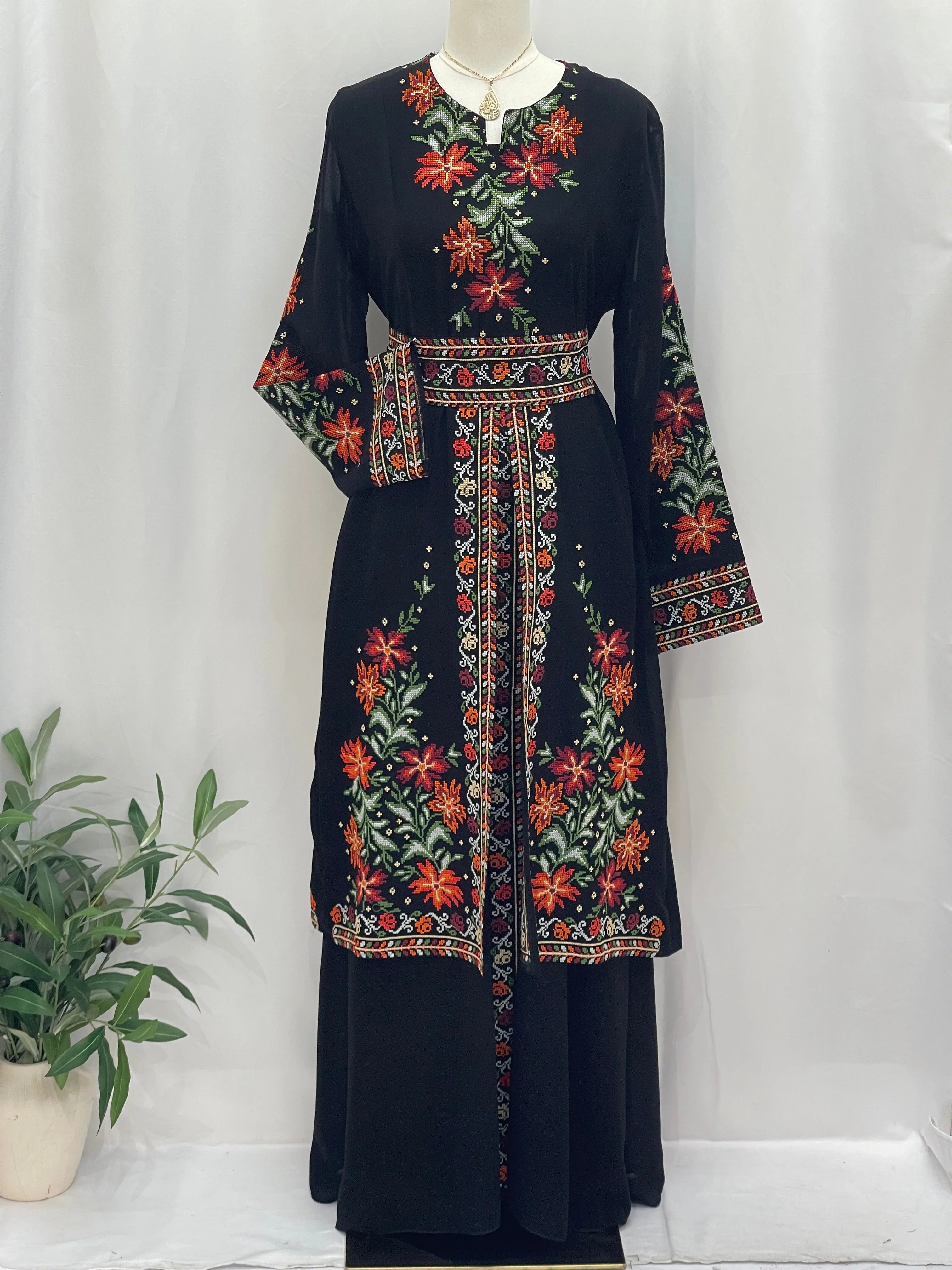 Palestinian Elegance Rose Embroidered Dress Abaya with colorful floral designs and elegant sleeves