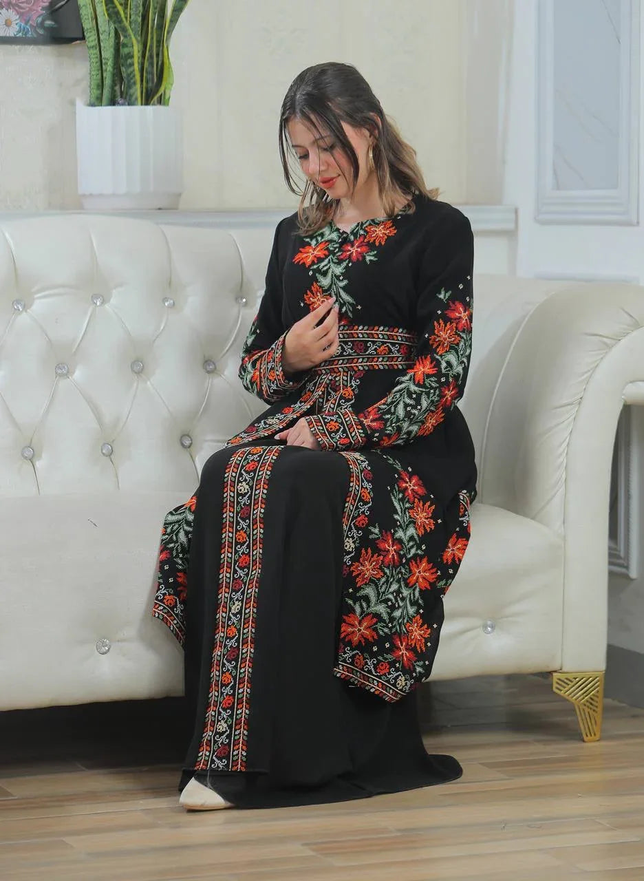 Elegant Rose Embroidered Dress Abaya featuring intricate floral designs and a comfortable fit