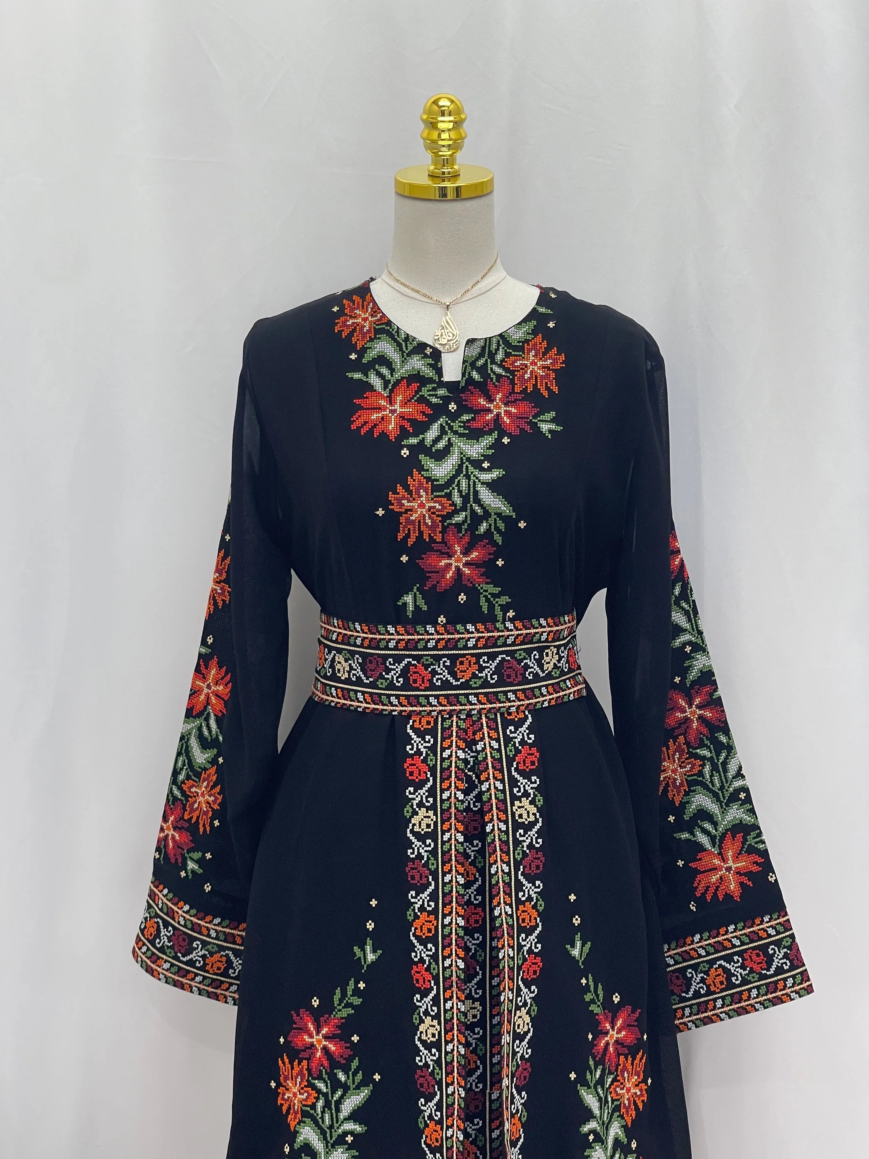 Elegant Rose Embroidered Dress Abaya with Colorful Floral Patterns and Flared Sleeves