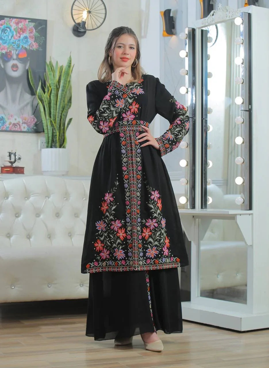 Elegant Rose Embroidered Dress Abaya with colorful floral designs on a black background