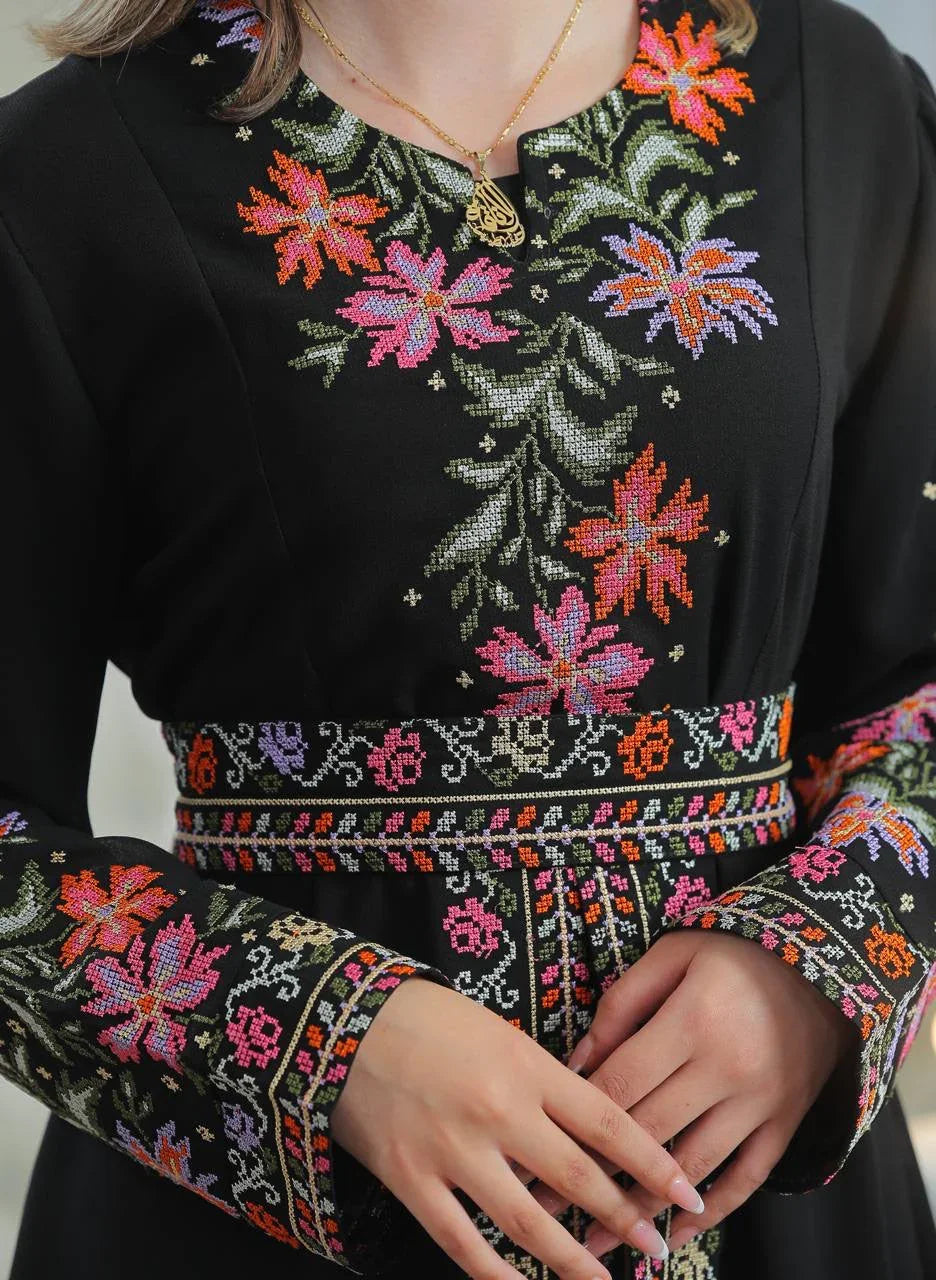 Elegant Rose Embroidered Dress Abaya with vibrant floral designs and intricate detailing