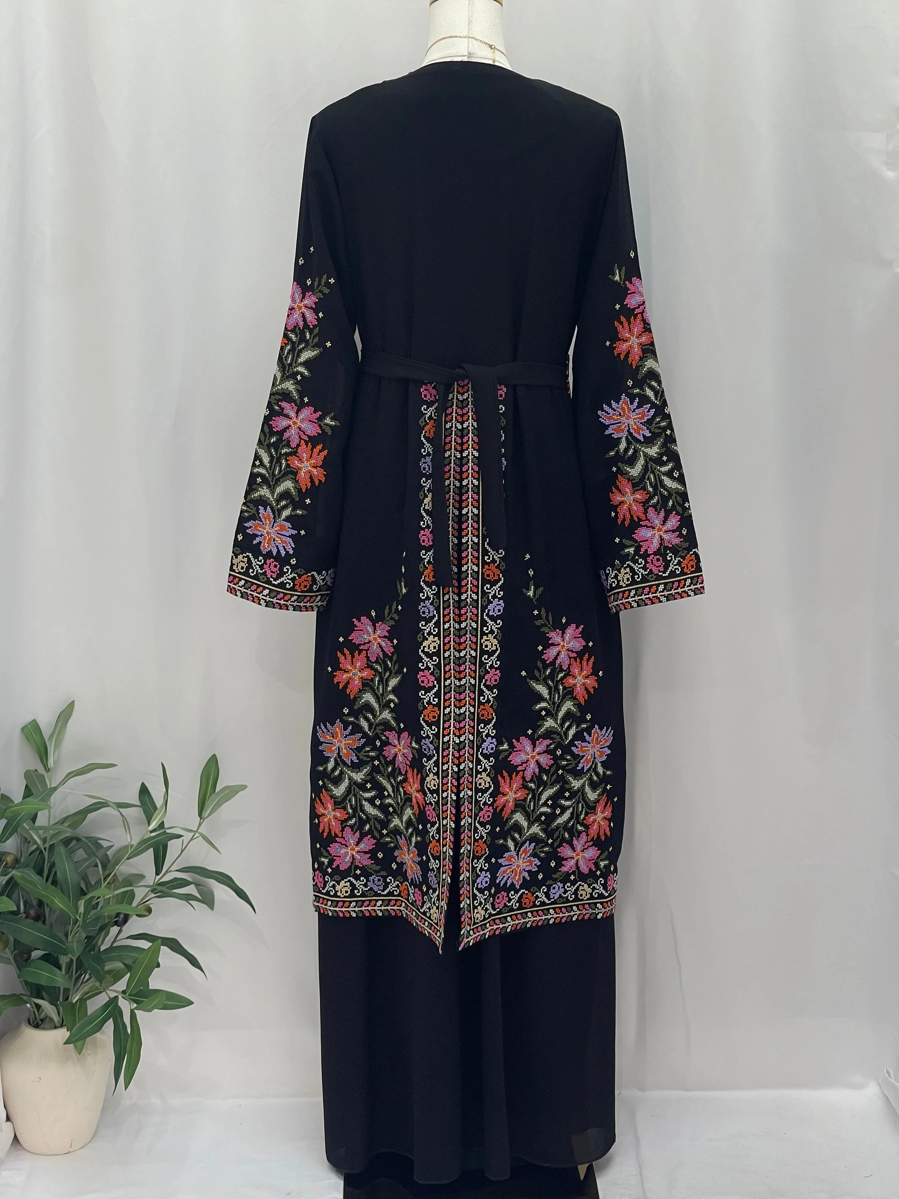 Rose Embroidered Dress Abaya with Colorful Floral Designs on the Sleeves and Back