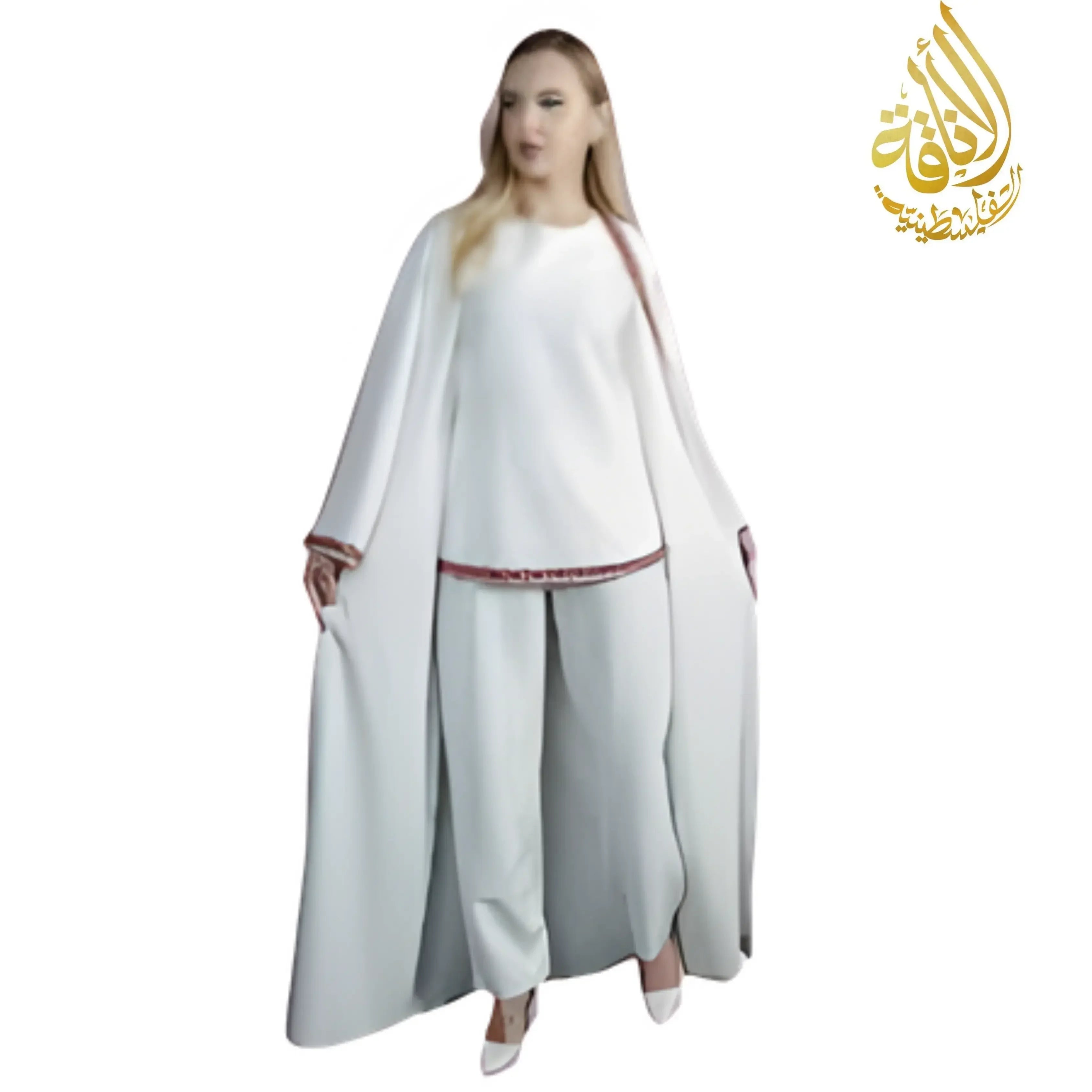 Person wearing a white outfit with a long cape on a white background