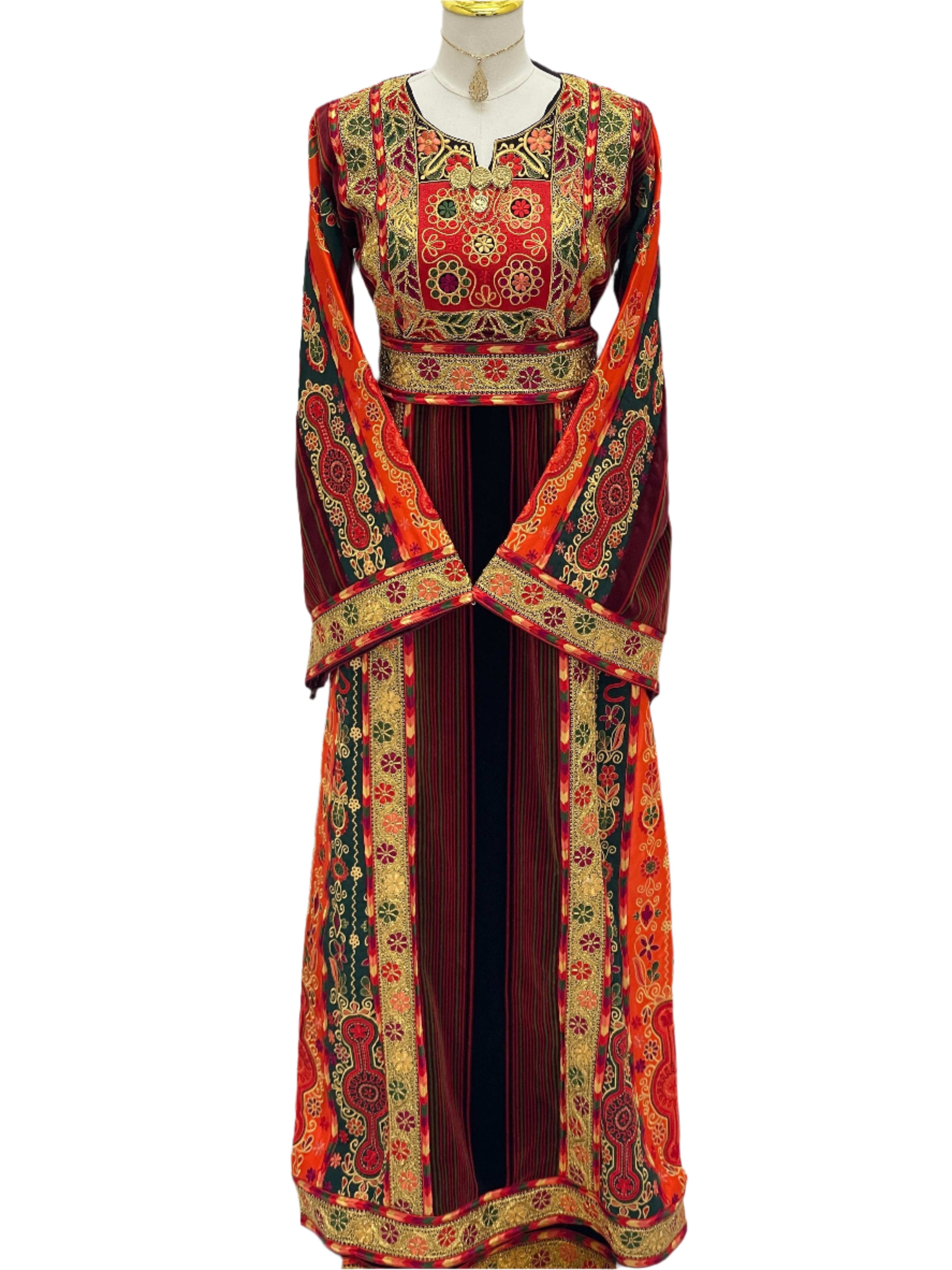 Embroidered Janna & Nar Malaka Kasab Thoub traditional dress by Palestinian Elegance in red and gold detailing