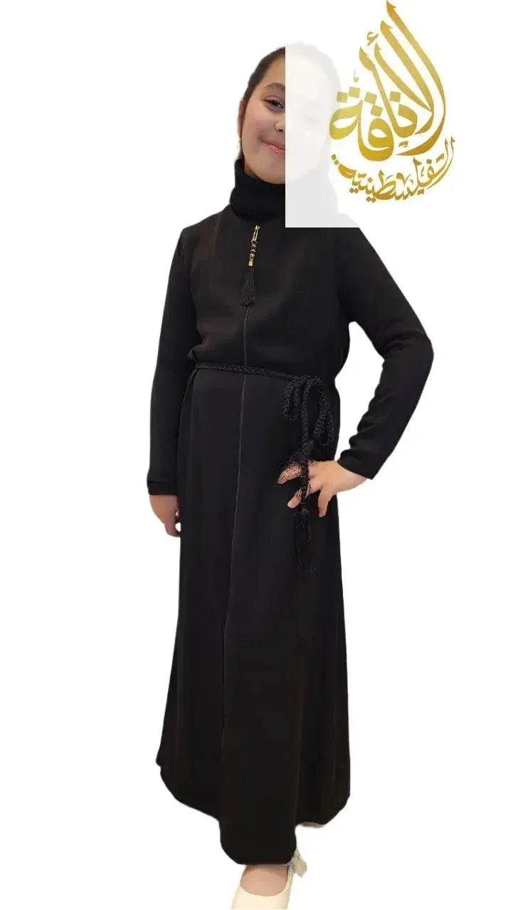 Black abaya for girls by Palestinian Elegance with long sleeves and a tied waist belt