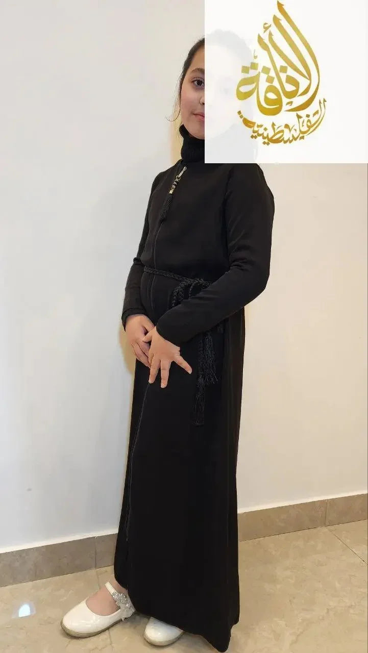 Palestinian Elegance black abaya for girls with tassel belt and long sleeves