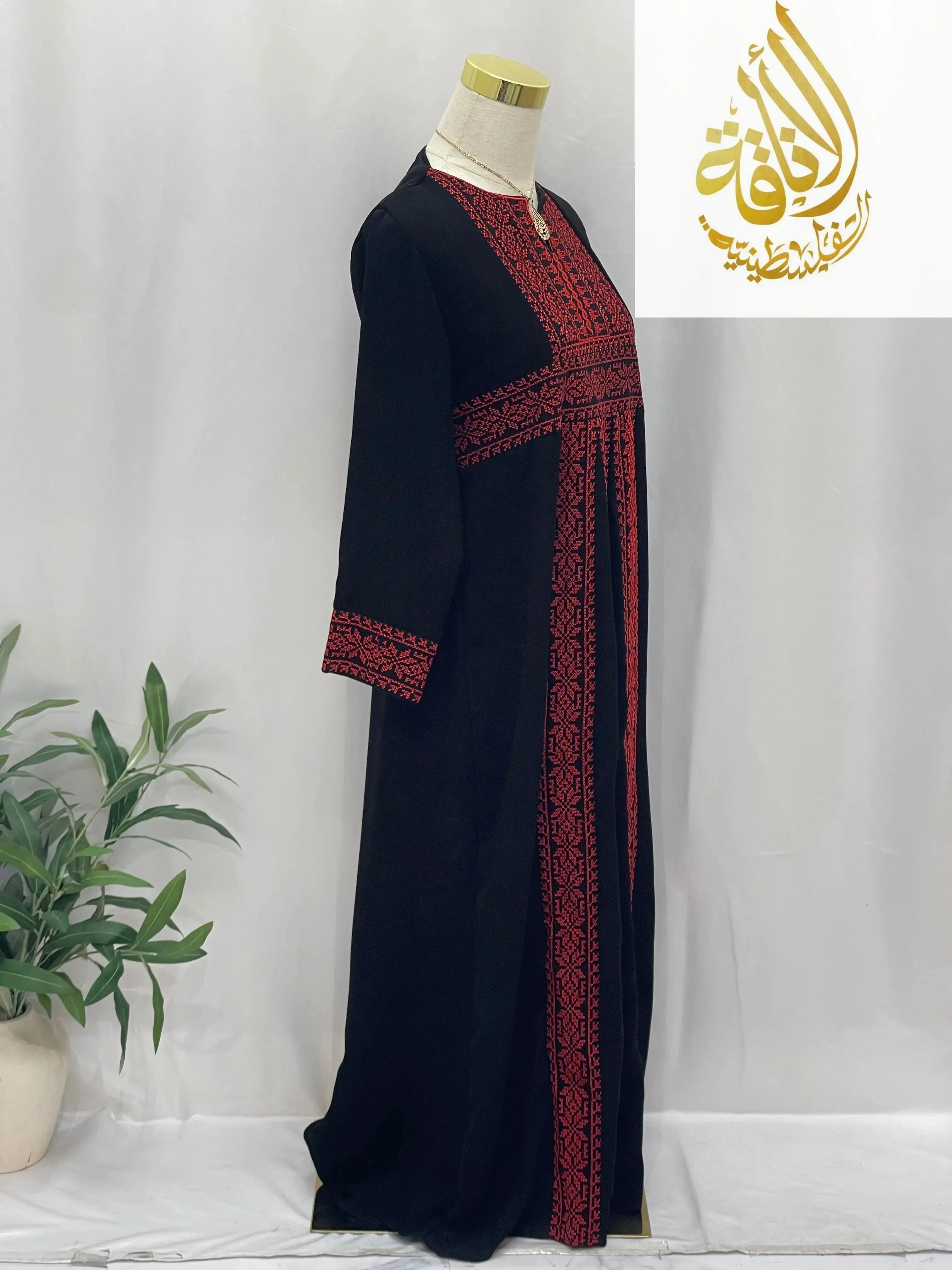 Kid's black Haya Embroidered Abaya dress with red intricate embroidery from Palestinian Elegance