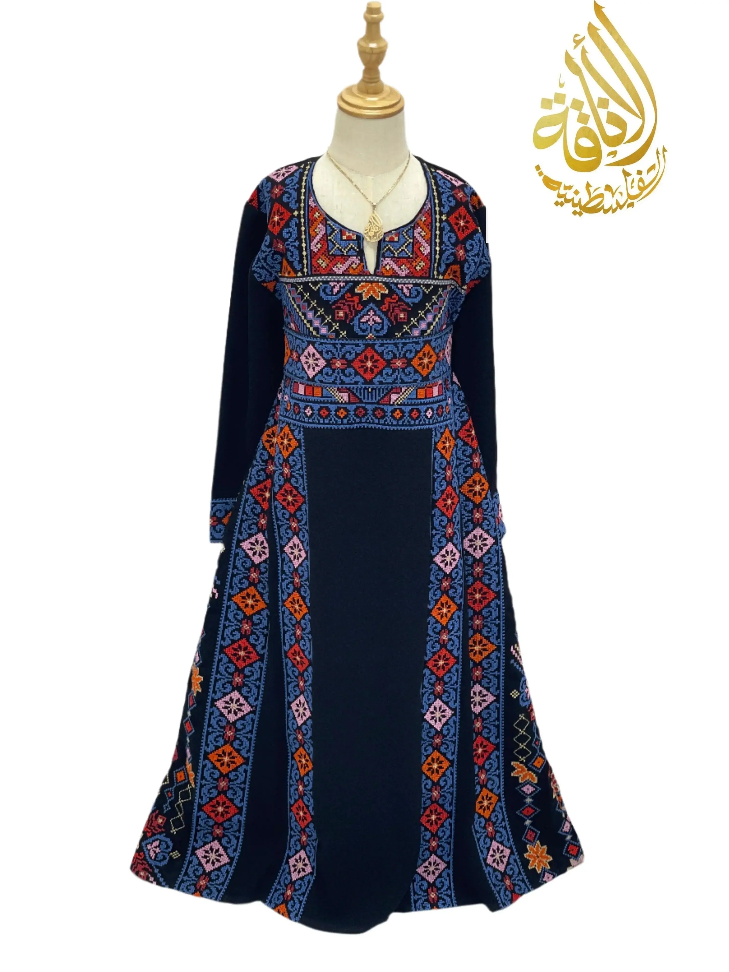 Palestinian Elegance embroidered thoub for girls in navy blue with colorful traditional embroidery