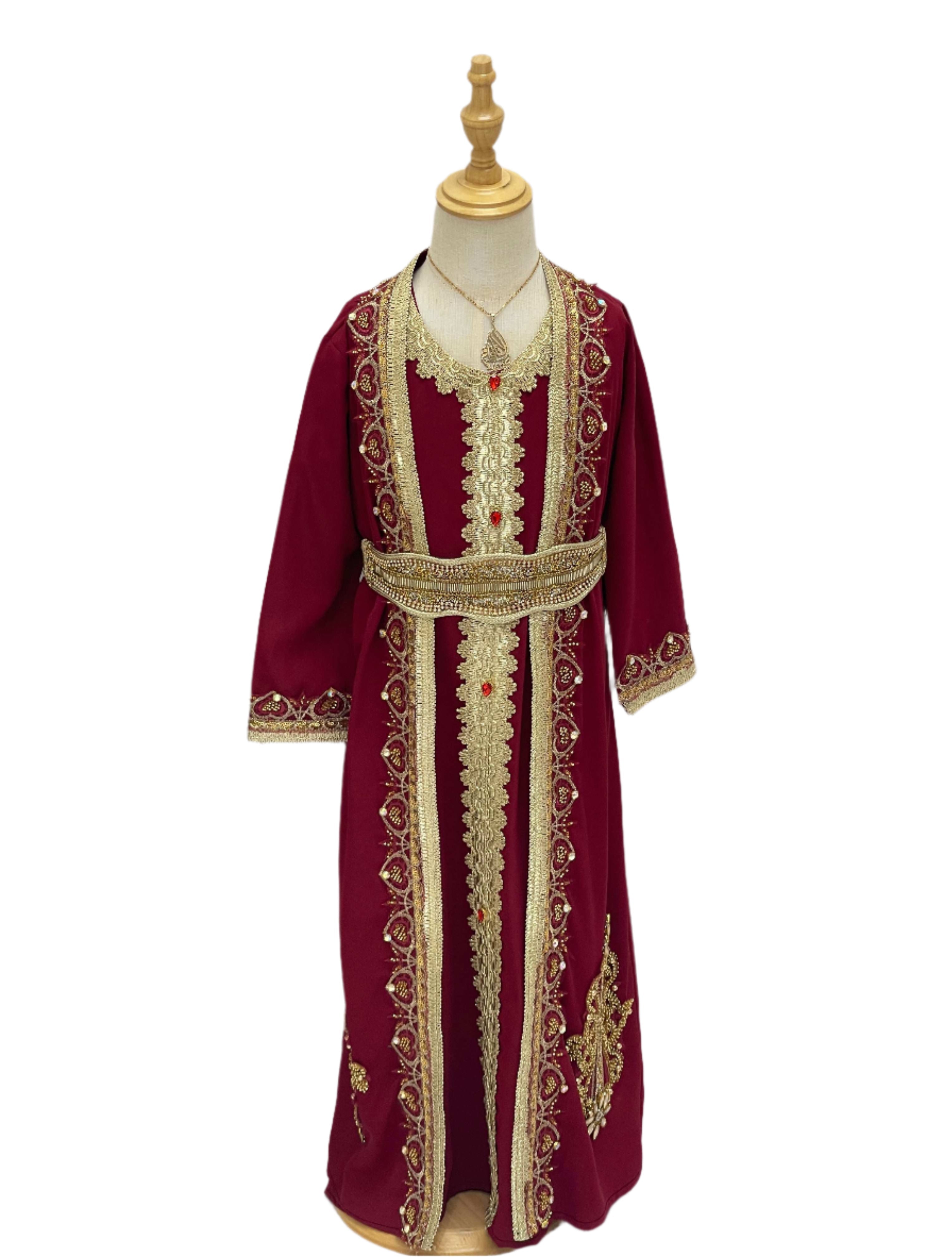 Palestinian Elegance Princess Mariam Long Sleeve Kaftan Dress in deep red with gold embroidery for kids