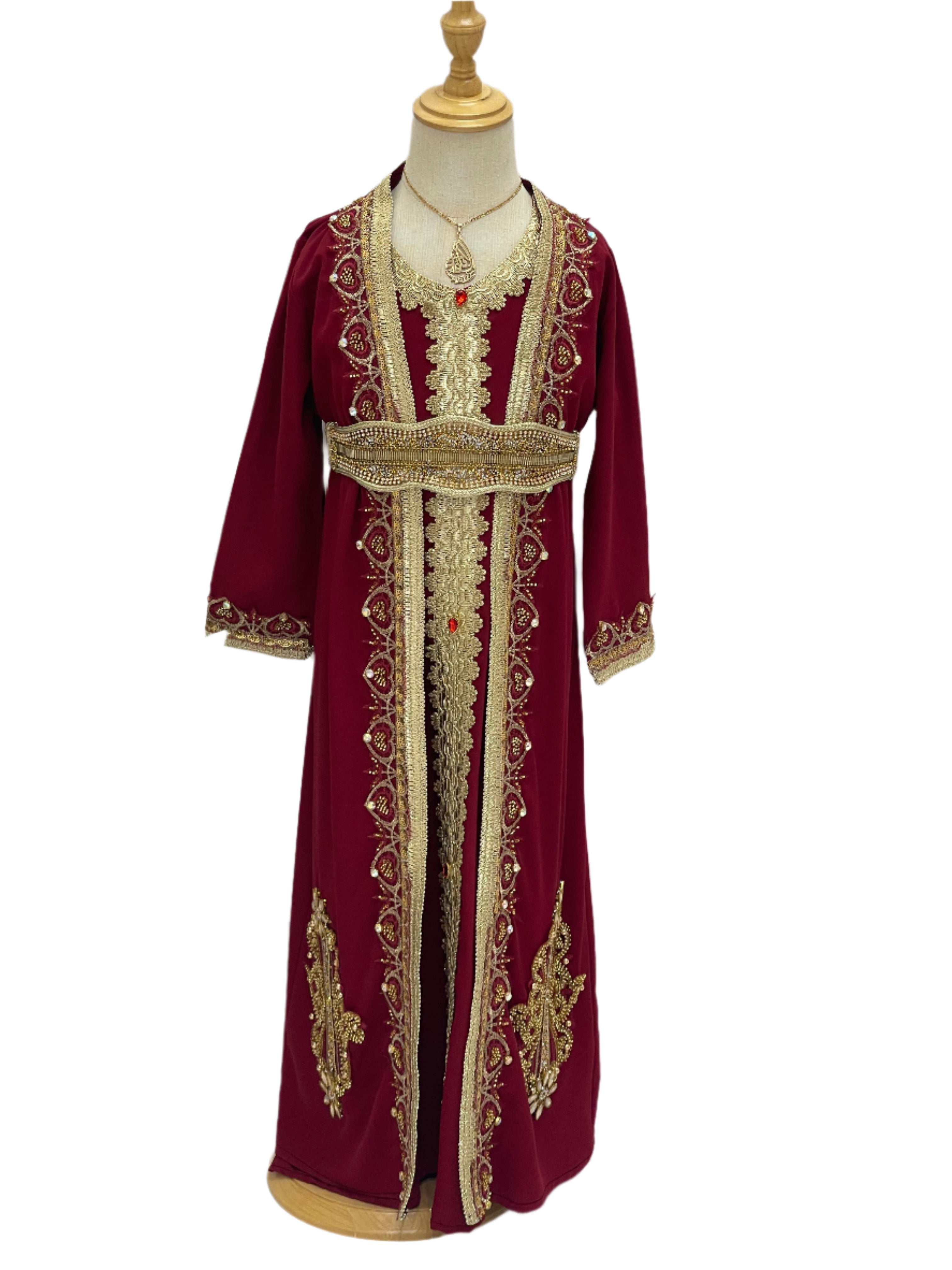 Princess Mariam Long Sleeve Kaftan Dress by Palestinian Elegance in deep red with gold embroidery and decorative belt