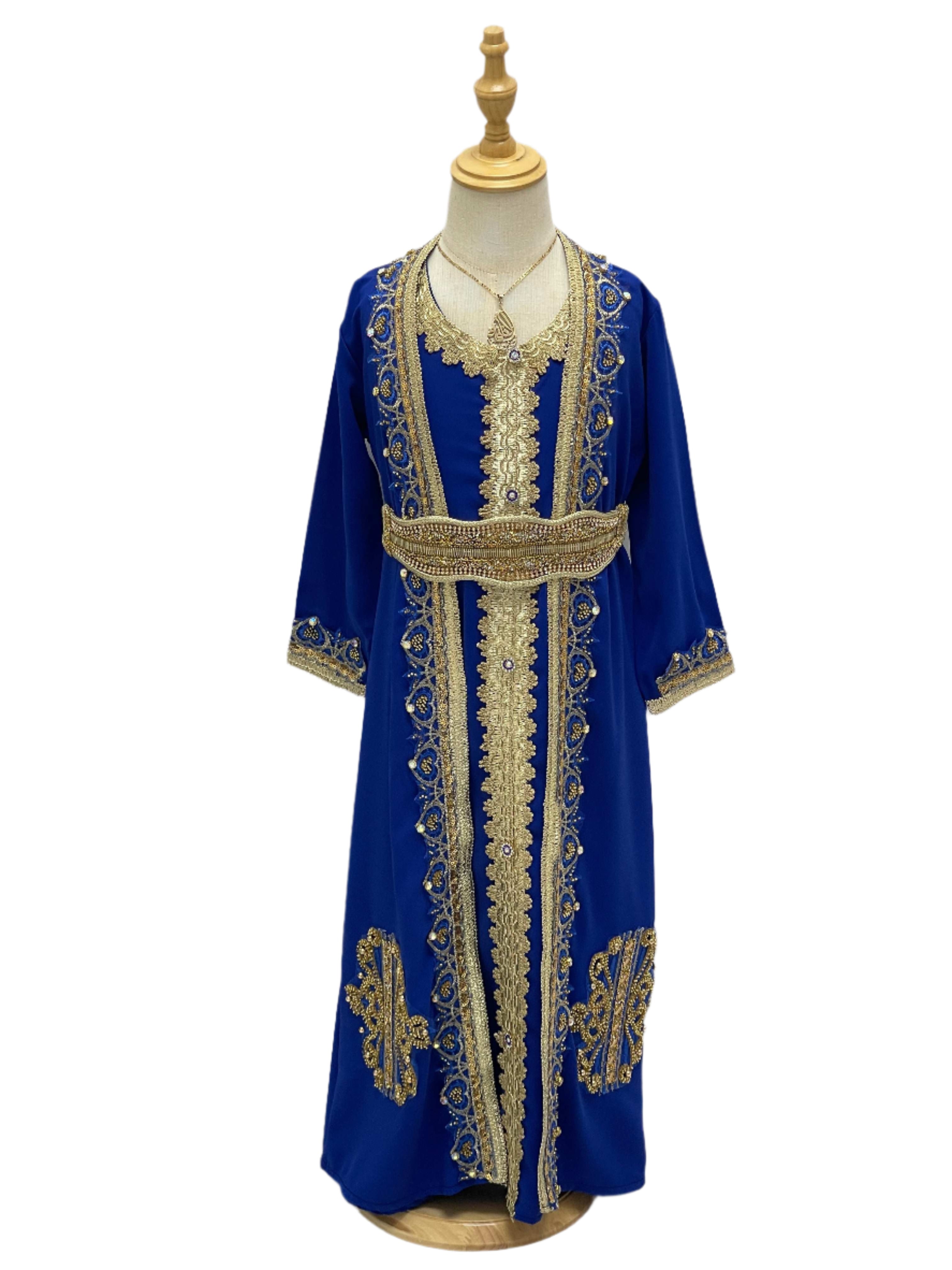 Princess Mariam Long Sleeve Kaftan Dress in royal blue with intricate gold embroidery by Palestinian Elegance
