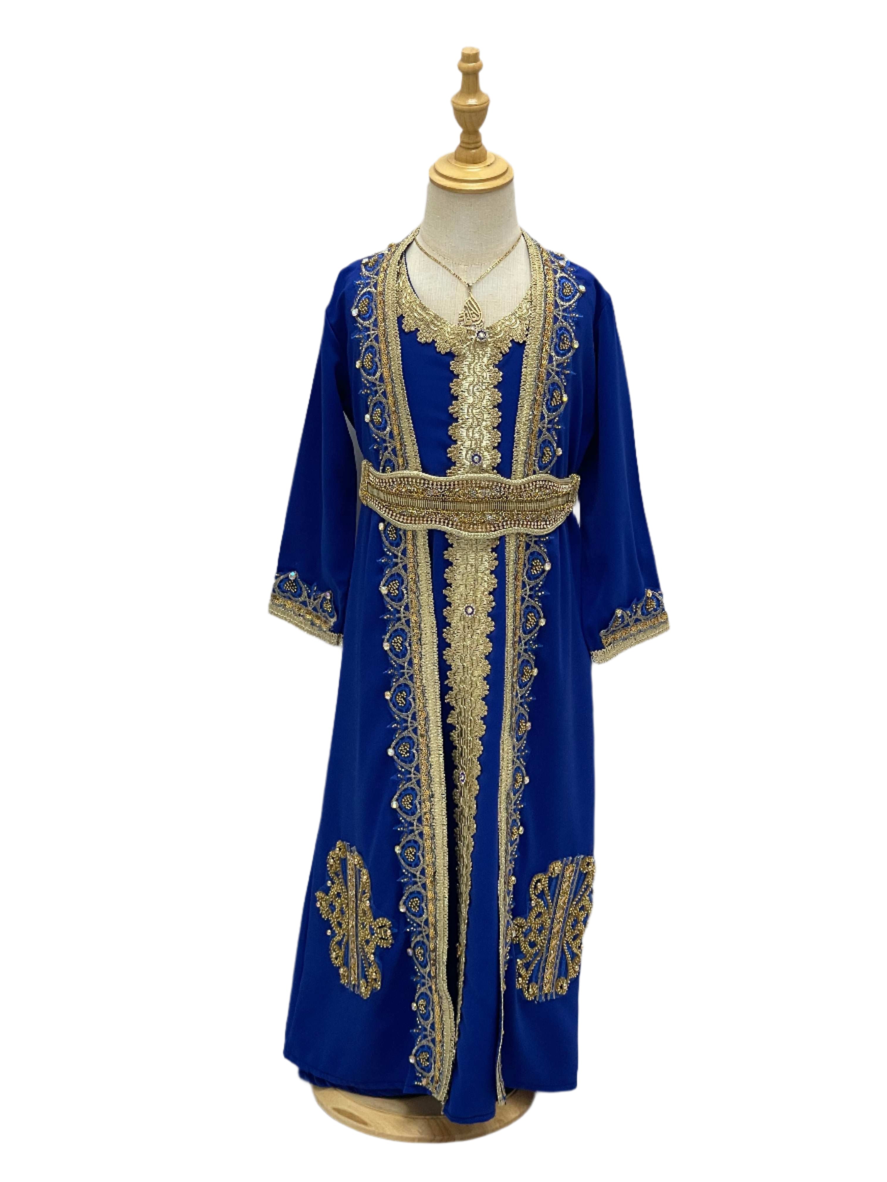 Princess Mariam Long Sleeve Kaftan Dress in royal blue with gold embroidery for girls by Palestinian Elegance