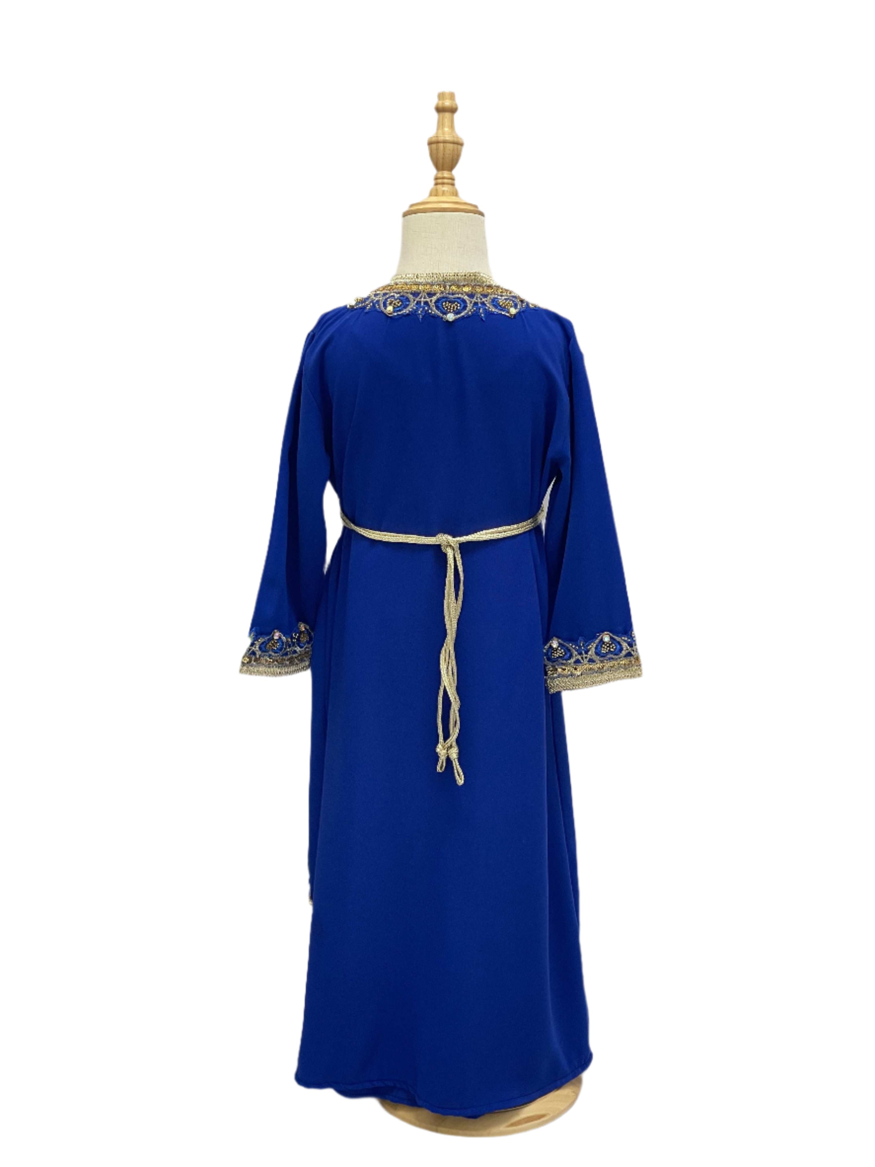 Palestinian Elegance Princess Mariam Long Sleeve Kaftan Dress in royal blue with gold embroidery and waist tie